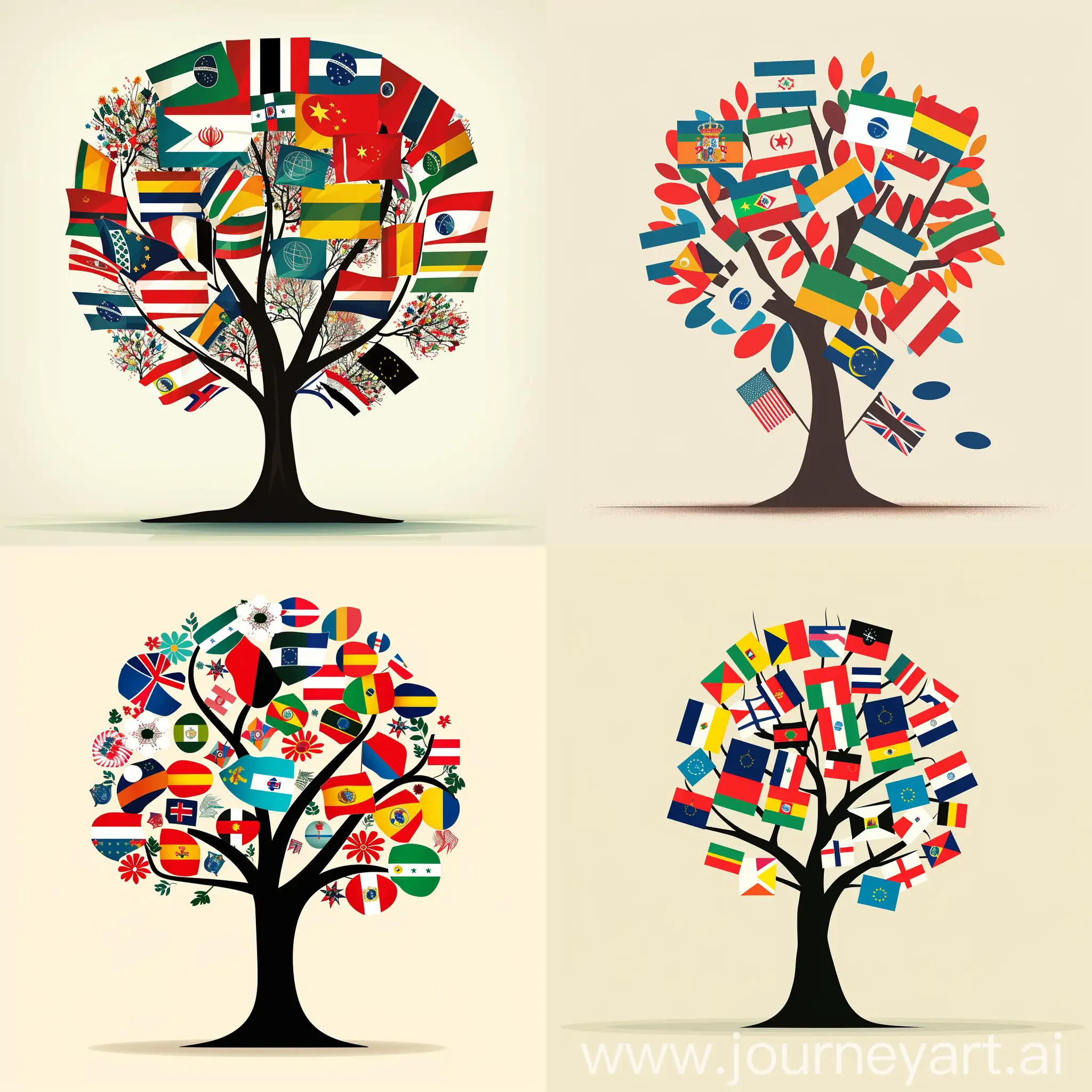 I need an image that represents the spring season, a tree that blooms with flags of different countries and represents the study of foreign languages

