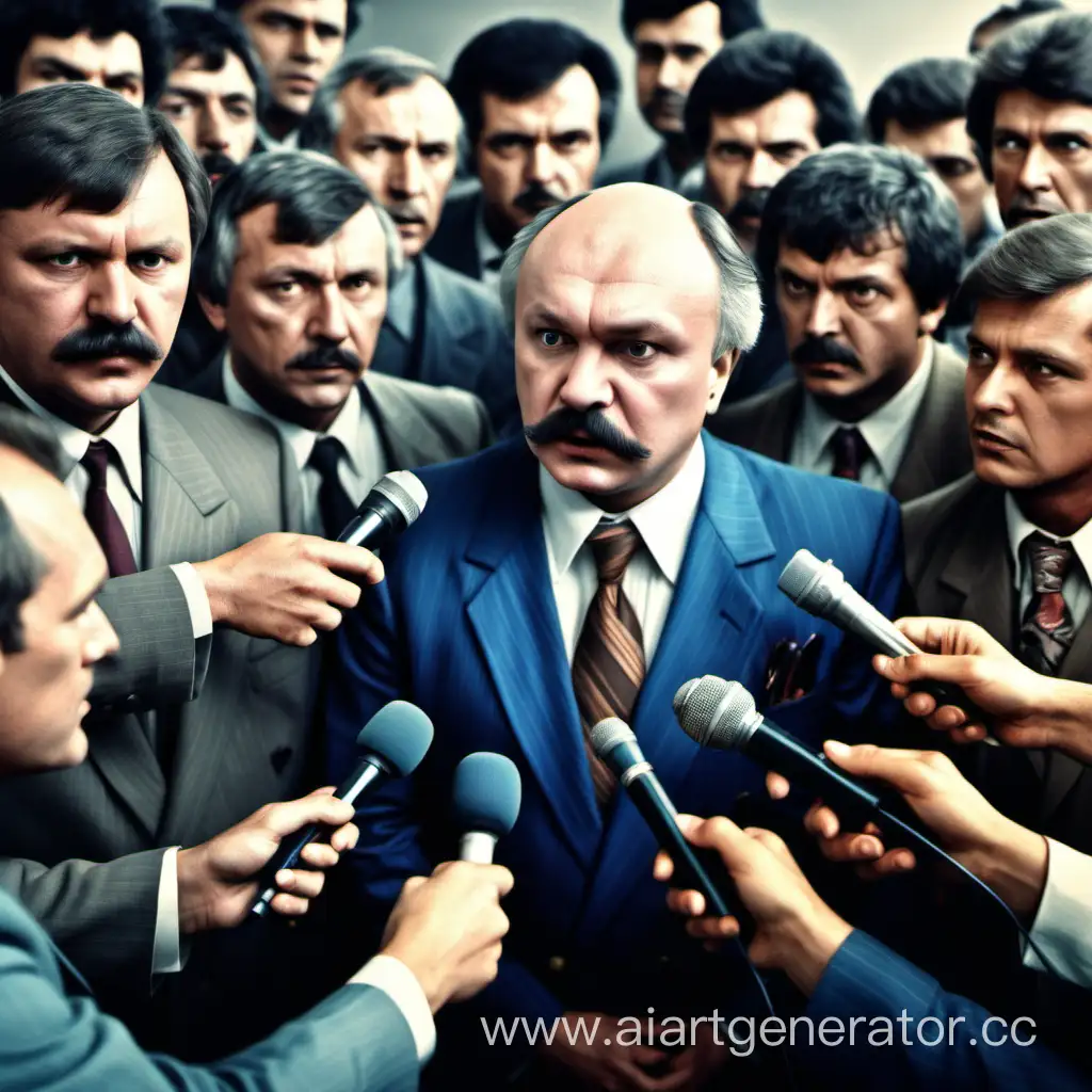 Сгенерируй изображение где журналист с микрофоном берет интервью у Василия Ивановича Чапаева, сам Чапаев в окружении всяких серьёзных людей. Стиль 80-х