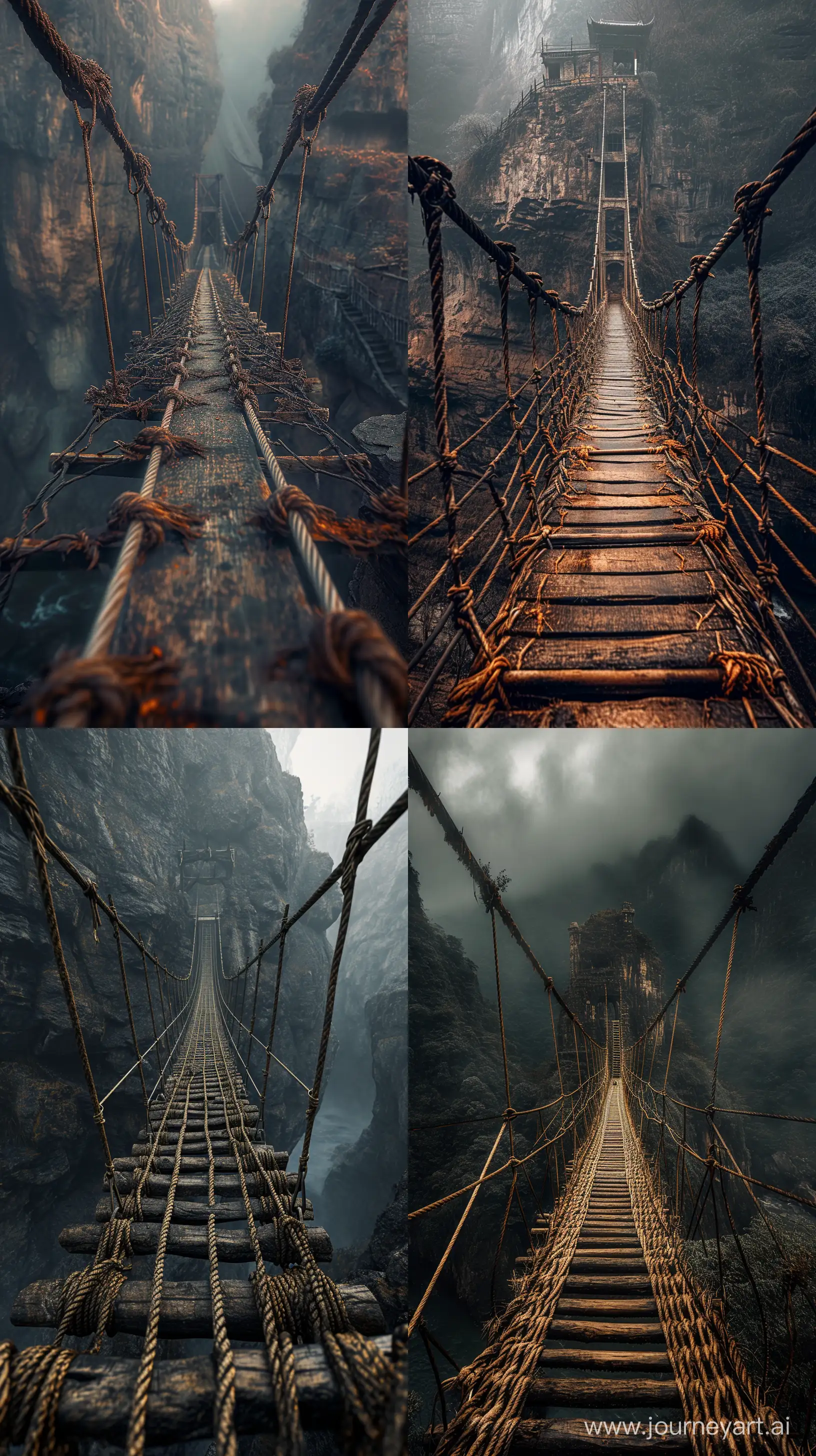 old suspension bridge over a huge gorge, old bridge made of ropes, view in the middle of the bridge, looking down and forward, gloomy atmosphere, First-Person View, golden angle, F 1.2, 8k, Sony α7 III,hyper details,  --v 6 --aspect 9:16