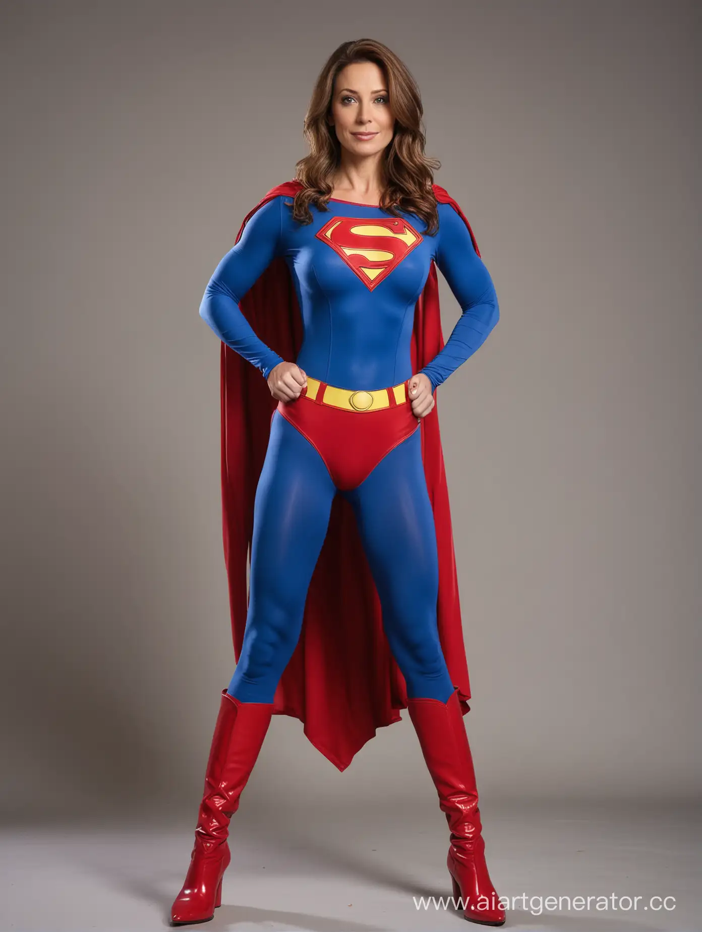 A beautiful woman with brown hair, age 40, she is confident and heroic, her body is very fit and muscular, she is wearing the classic Superman costume with blue spandex leggings, red briefs, red boots, red cape