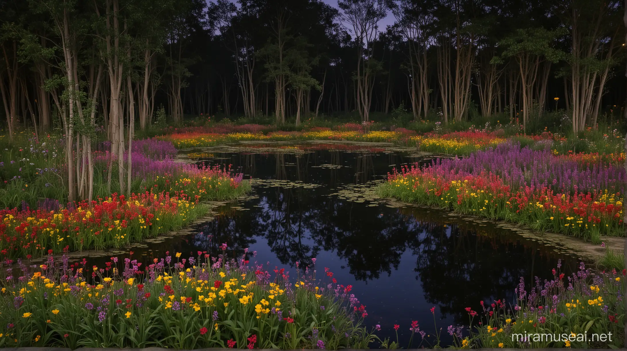 a beautiful pond in the middle of a grove, there are purple, red and yellow flowers, by nighttime