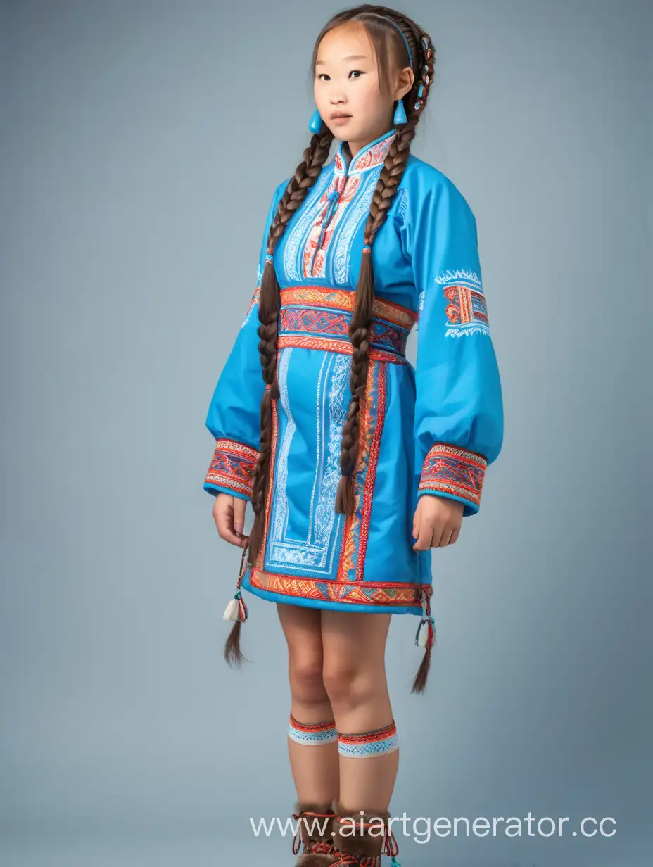 Девушка бурятка в национальном мини-платье с голыми коленями и длинными рукавами и косичками, полный рост 