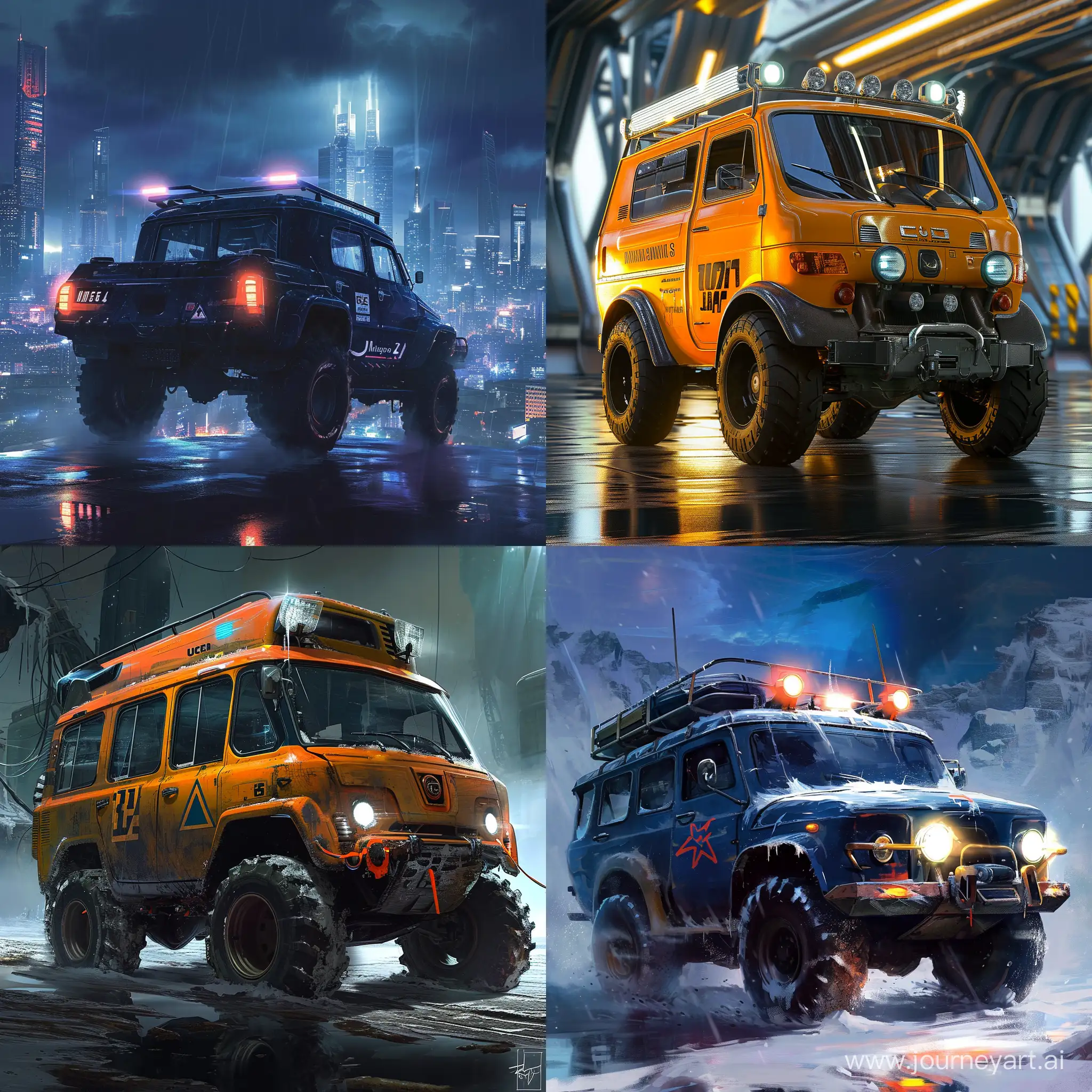 Futuristic UAZ-452, blade runner, bright future, trending on artstation, trending on DeviantArt, science fiction --v 6