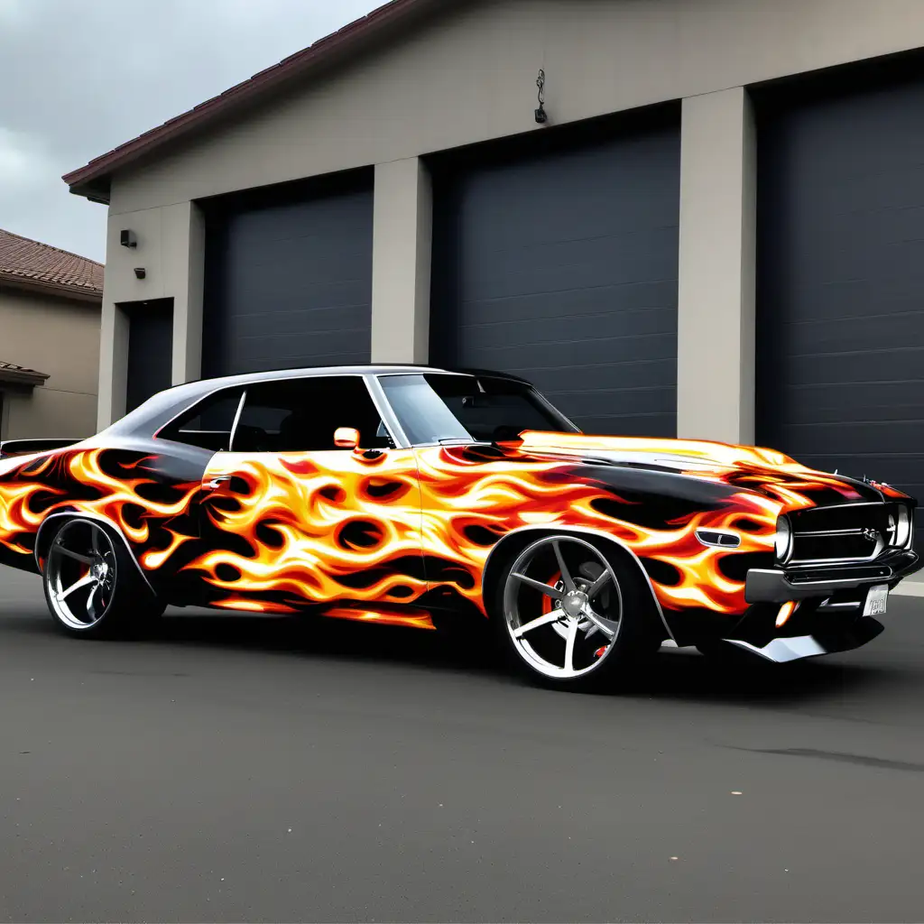 FlameInspired Aesthetic Car Wrap for a Powerful Muscle Car