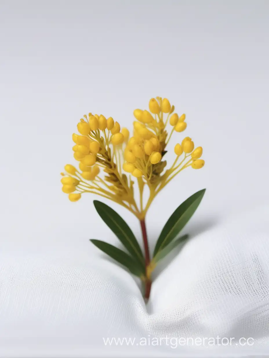 Acacia-Yellow-Flower-Close-Up-on-White-Cloth-Surface-Background