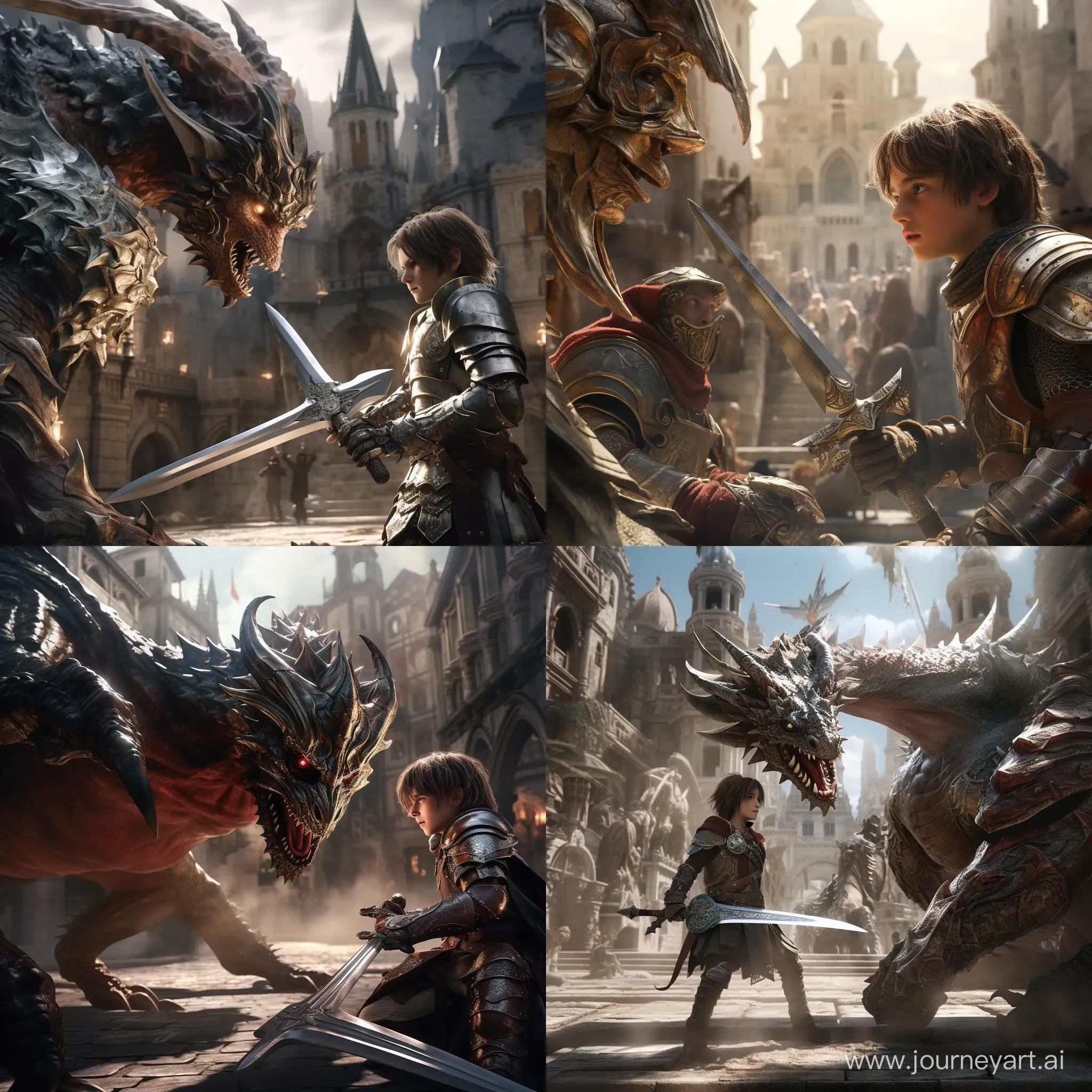 a cinematic scene of two boys with an armor and a sword fighting against a dragon in a medieval city