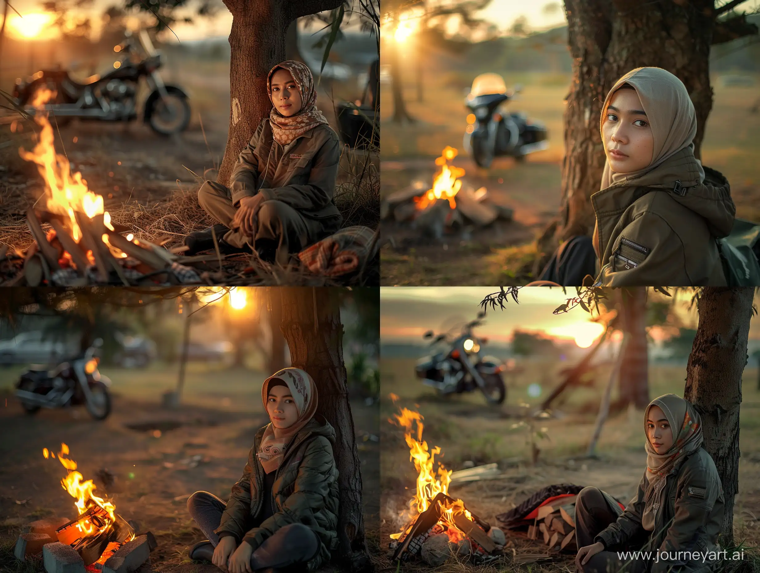 Beautiful Indonesian Javanese hijab woman (25 years old, oval and clean face, ideal body, Indonesian skin, wearing a jacket, her face looks very detailed. The woman is sitting alone under a tree near a campfire, the sun is setting, there is a Harley motorbike nearby, ultra HD , original photo, very detailed, very sharp, 18mm lens, realistic, photography, Leica camera