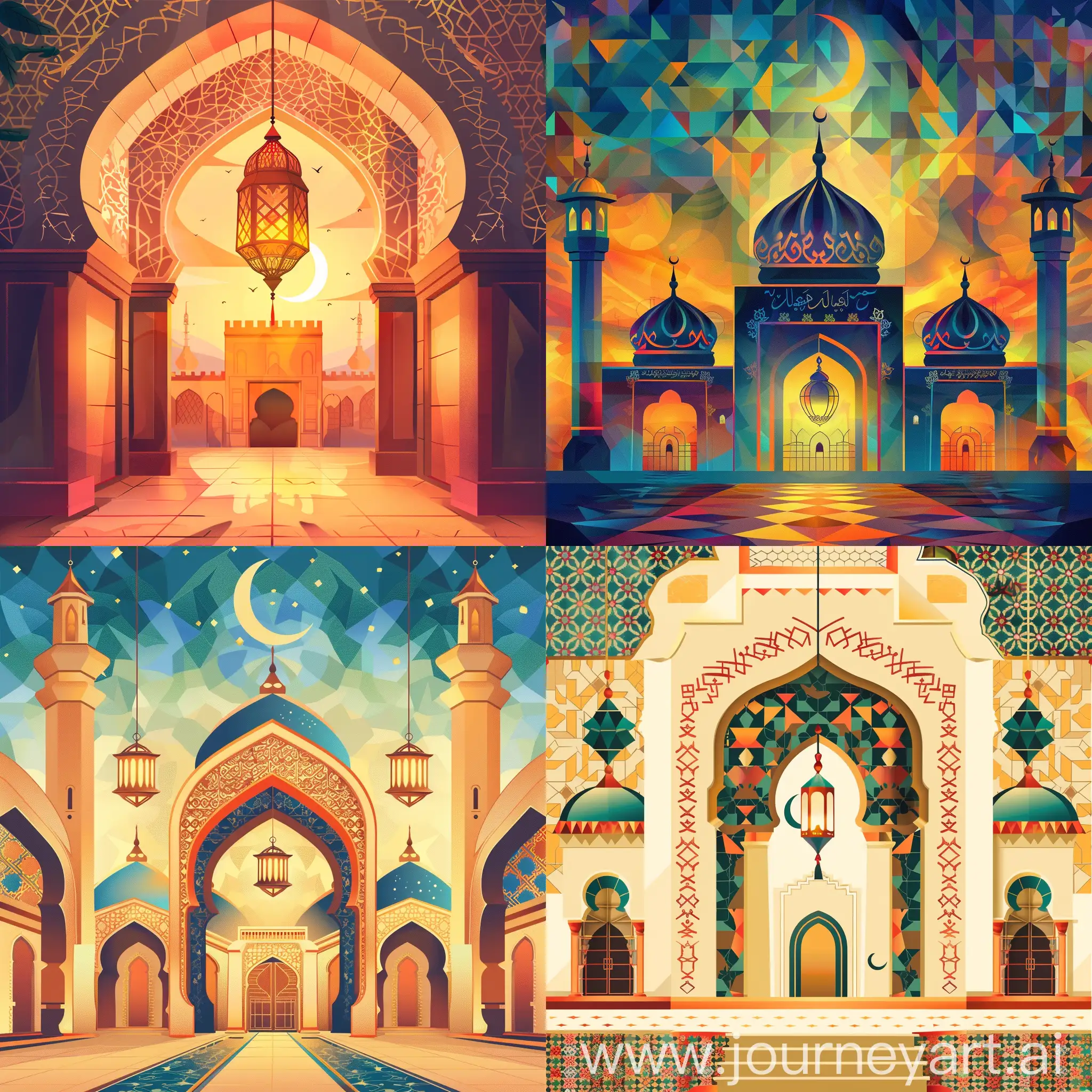 greeting card for ramadan,Ramadan lantern,geometric islamic pattern back ground,warm colors,festival decoration,mosque intrence,sky and cresent.