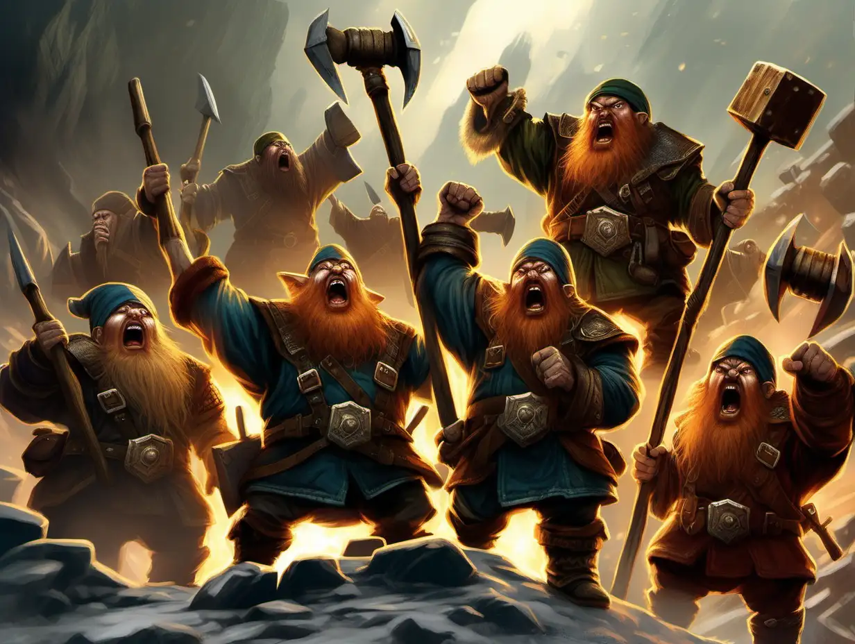 fantasy art dwarf rangers raising hammers yelling