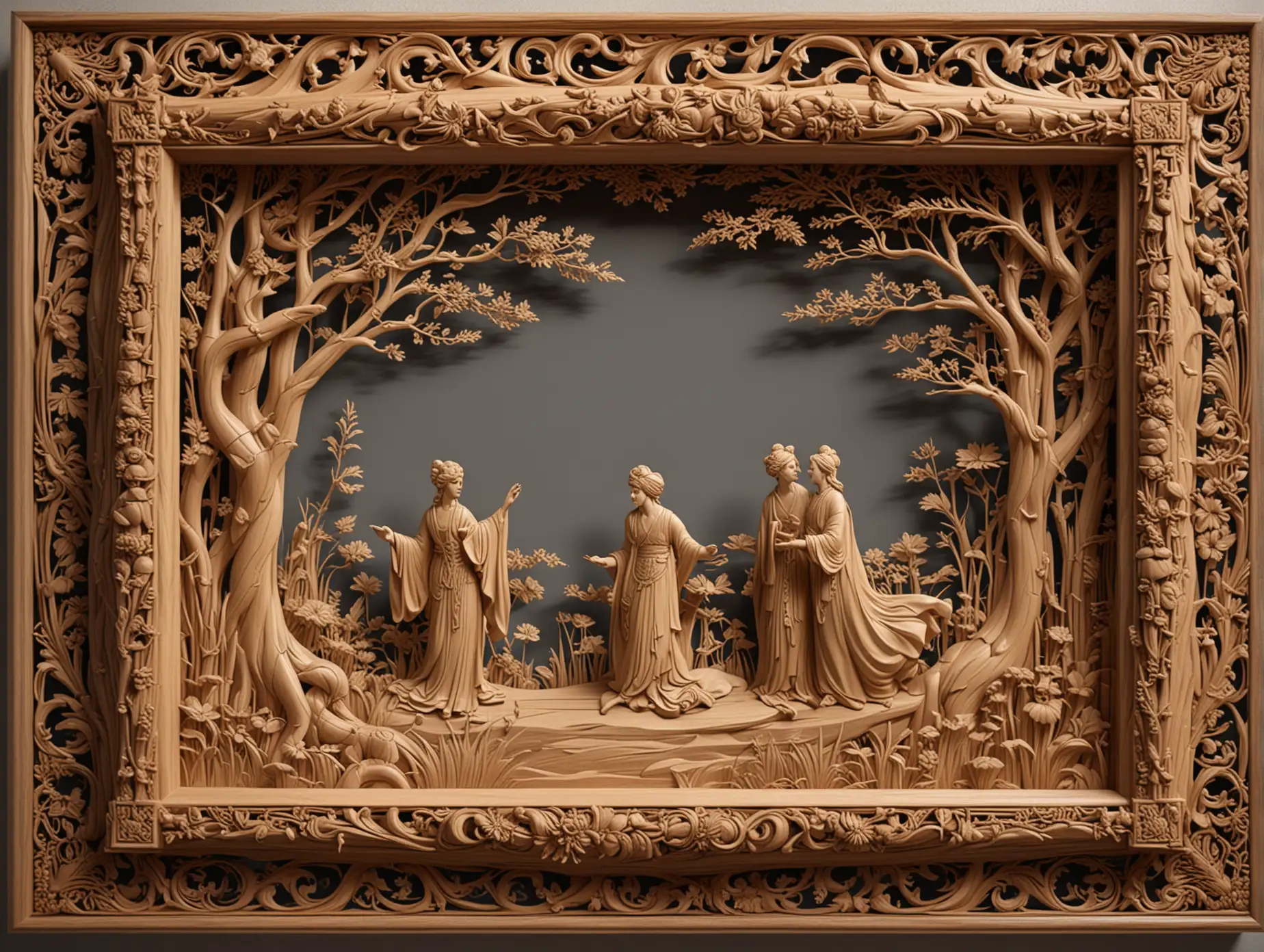 3d and tilable wood lacquer frame surround, featuring a finely carved wooden scene from the Aladdin in the style of Aubrey beardsley