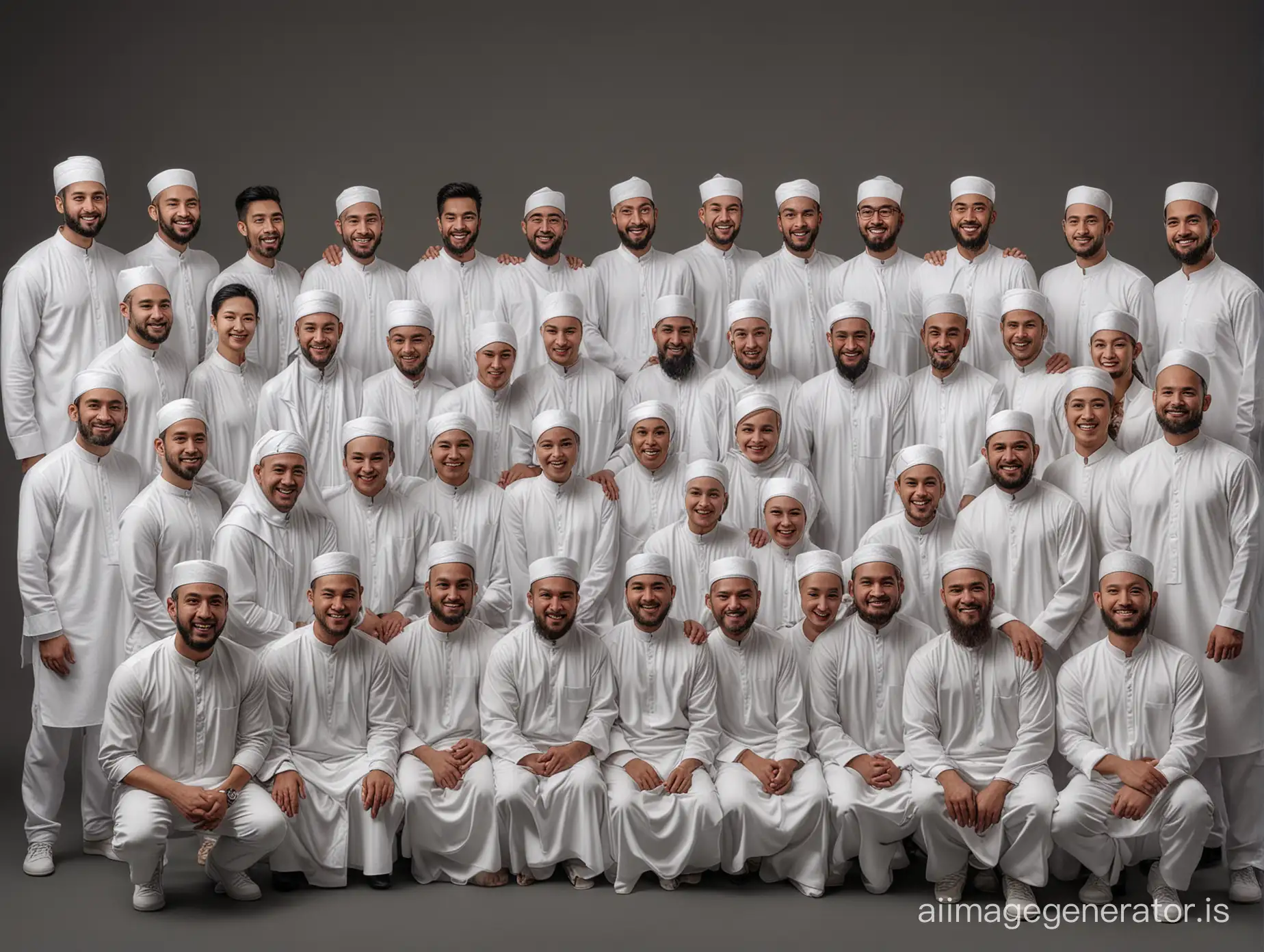 Create realistic photography. thirty adult humans. dozens of men and women. Everyone is normal and happy together. Dressed in white (Asian Muslims). Dark colored photo studio background.