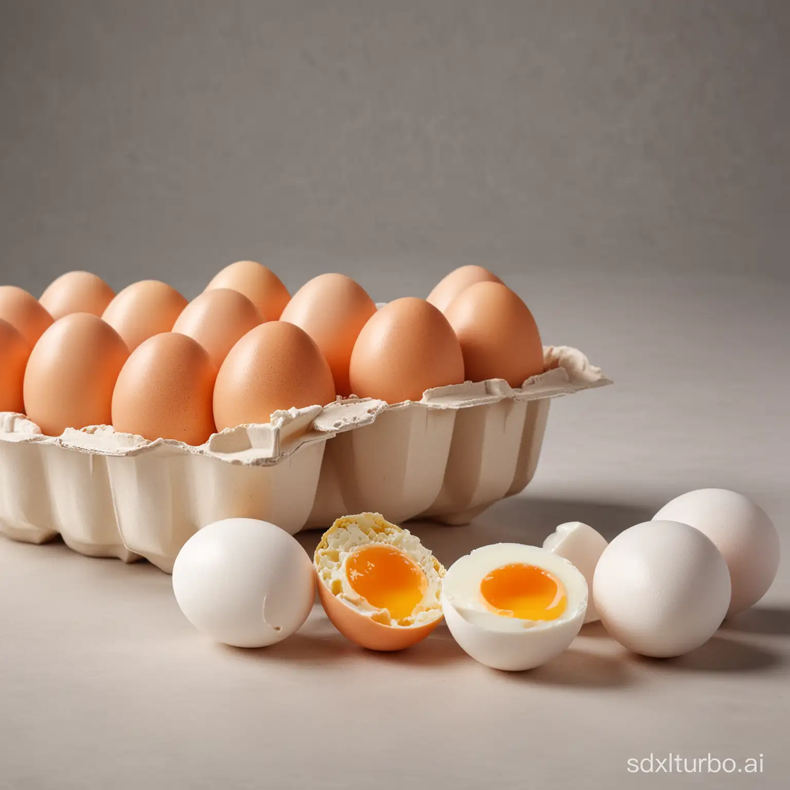 Realistic image, from the side, profesional product photography, whole eggs, egg whites in a bowl, yolks separated, egg cartons, on a neutral background