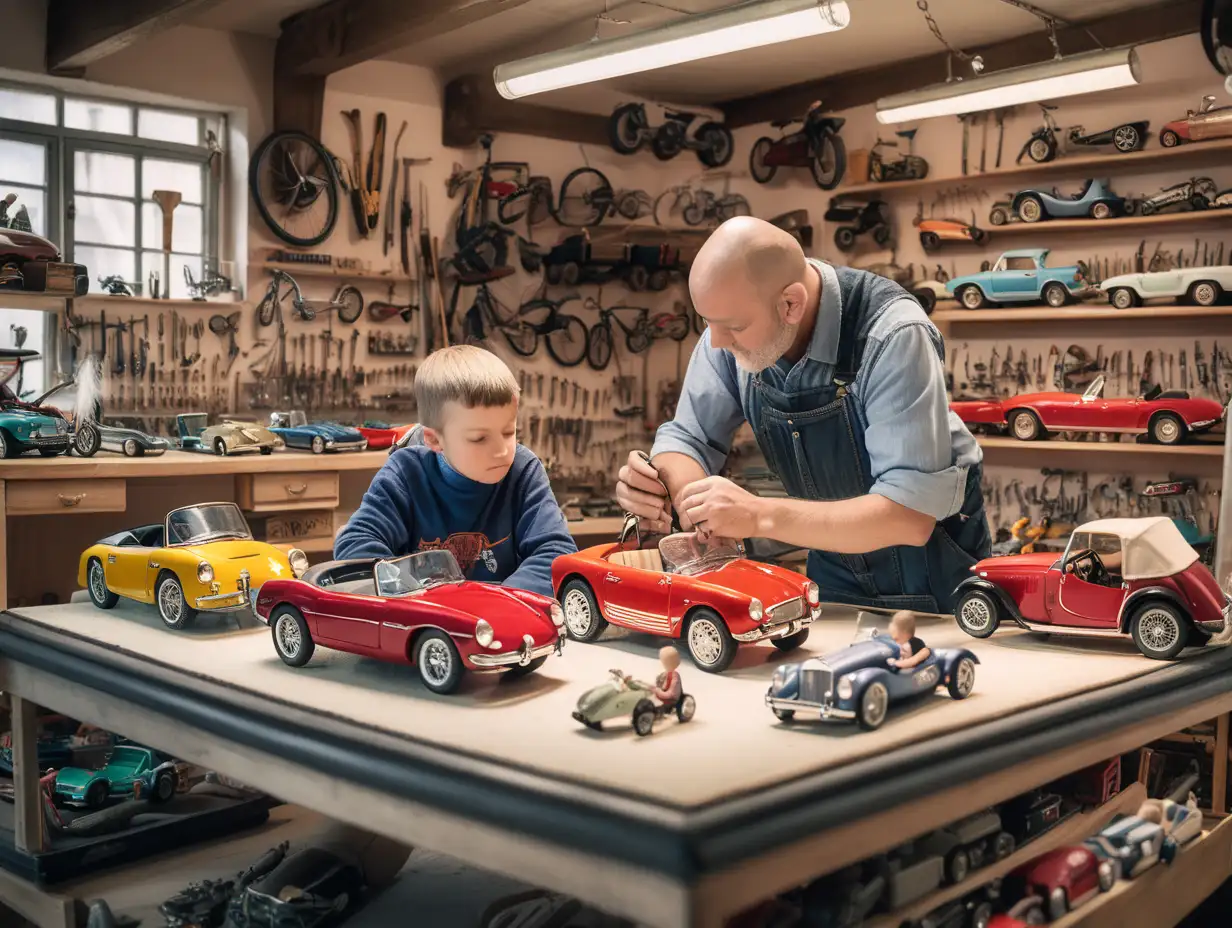 a 10 year old boy and his 40 year old father in a miniature car shop. The miniature cars are the size of a child's hand. the father has shaved hair. The style of the picture should be similar to the drawing of a fairy tale that stimulates the imagination, in the style of Waldorf education