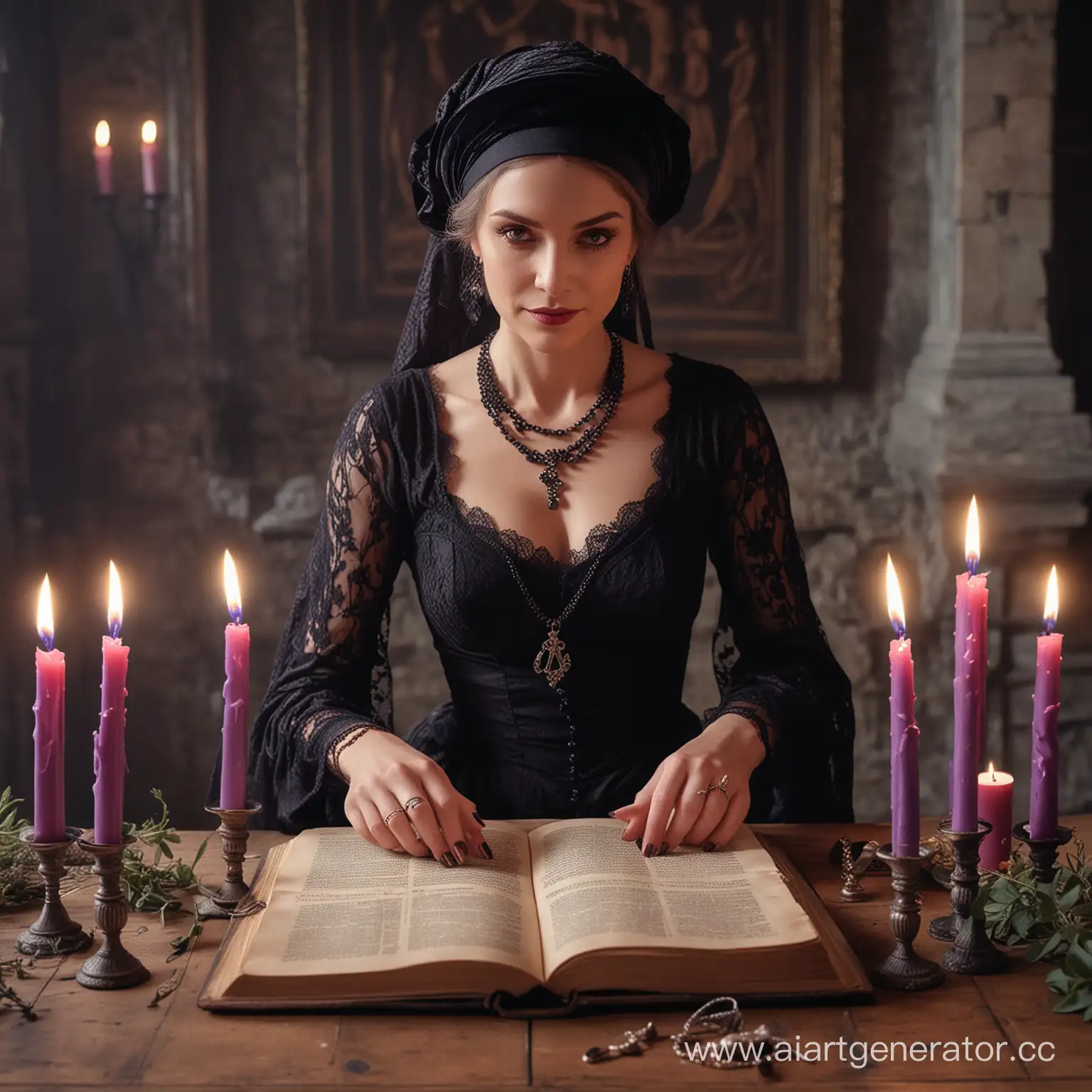 a beautiful English witch for 50 years performs a ritual on an altar, in a Renaissance castle, purple candles, torches, soft light, lace dress, jewelry, a black turban on her head, satin, red nails, an ancient book, herbs, professional photo, octane engine