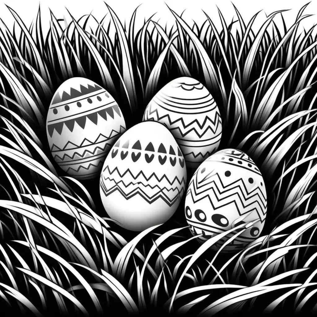Create 3 Easter eggs hidden in the grass for a fun Easter egg hunt, for a coloring book 
in black and white on a white background, no shading, crisp lines, 