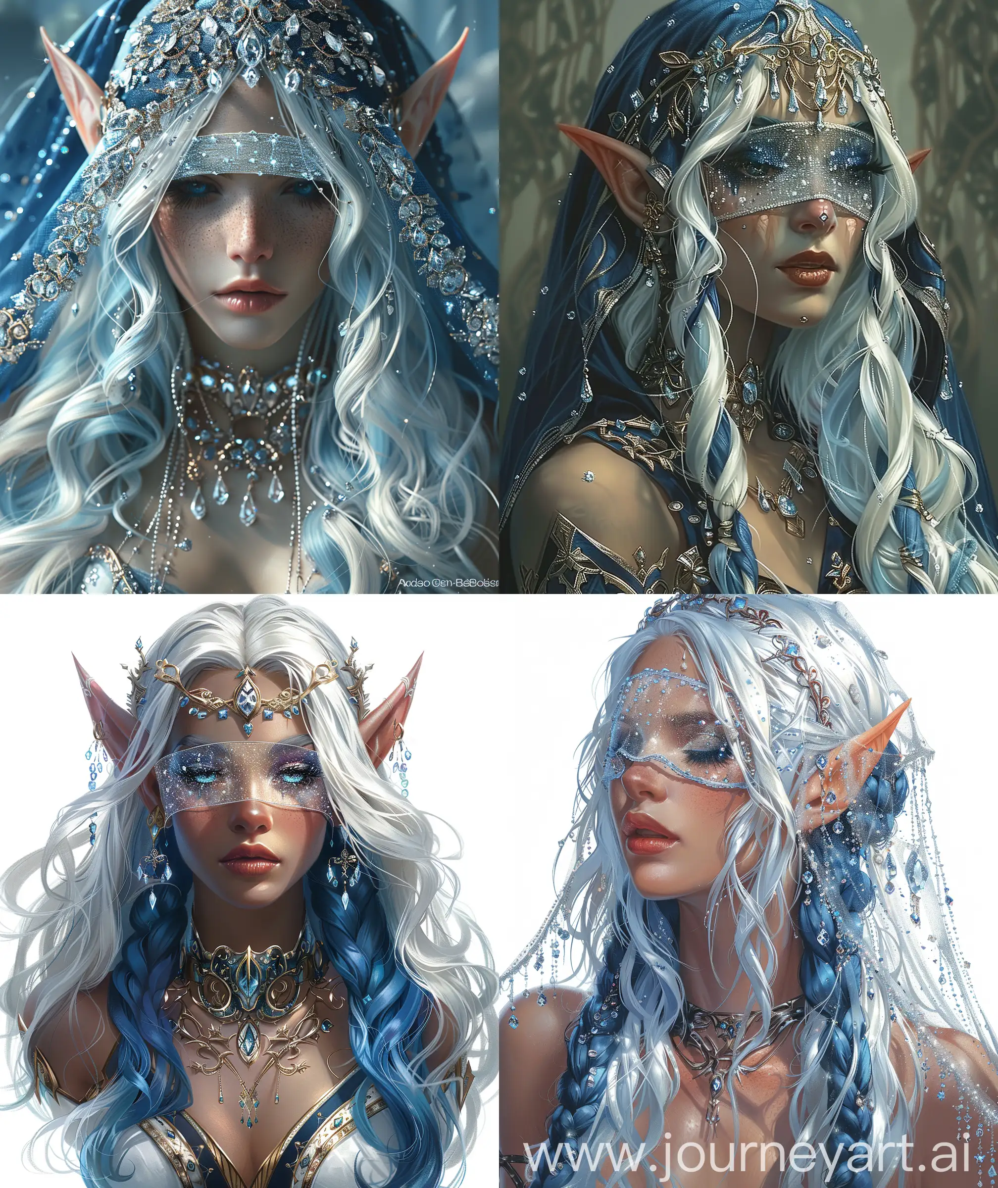 Beautiful potrait of beautiful elf woman, white and blue hair, crystal veil blindfolded wearing, crystal around, aesthetic look, upper body look, laminating, Alfanso Mucha and Earl bowser , illustration , ultra hd, High quality,--ar 27:32 --s 400
