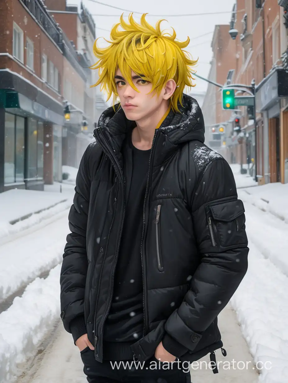 Stylish-Man-with-Disheveled-Yellow-Hair-in-Snowy-Street
