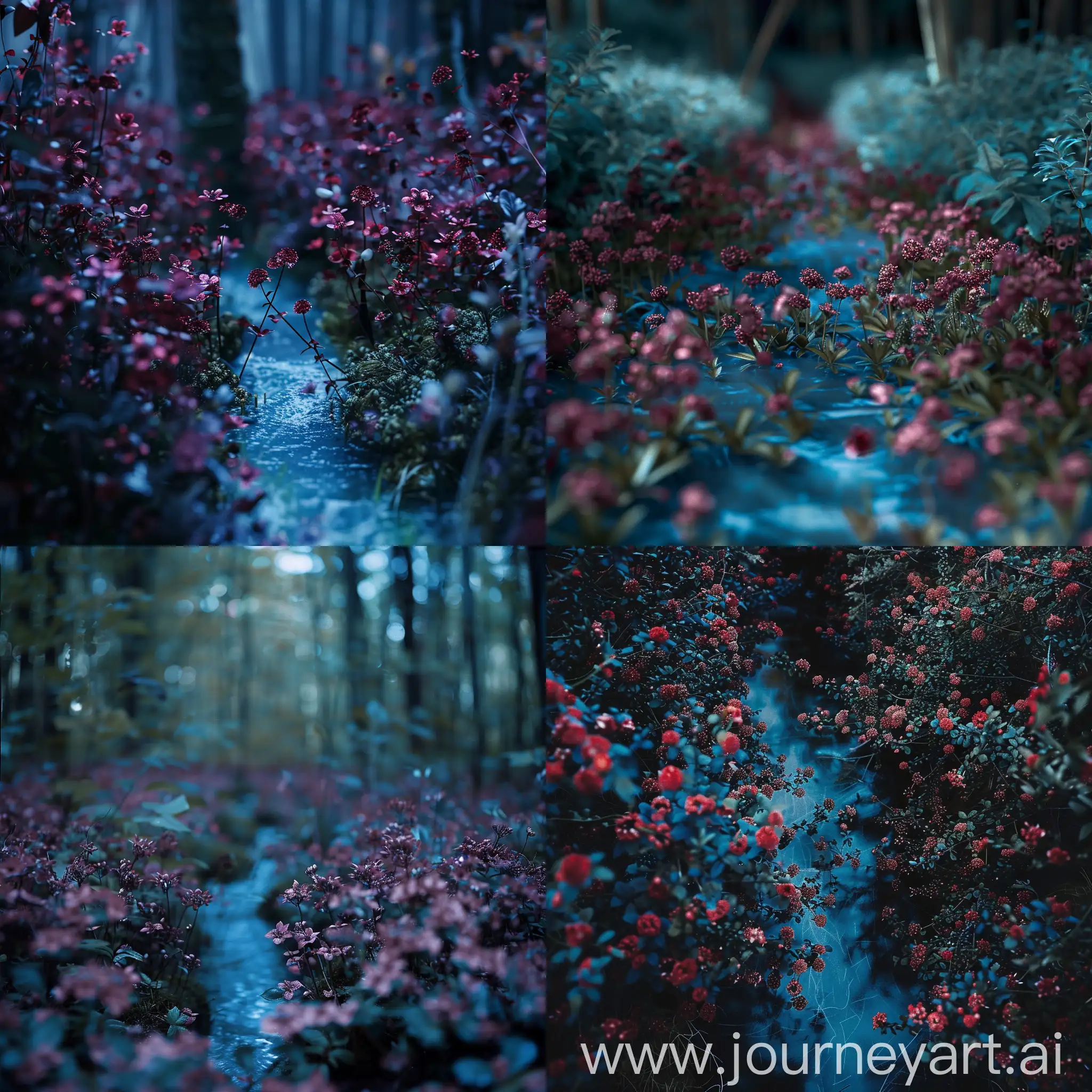 Enchanting-Burgundy-Flowers-in-Tranquil-BlueGreen-Forest