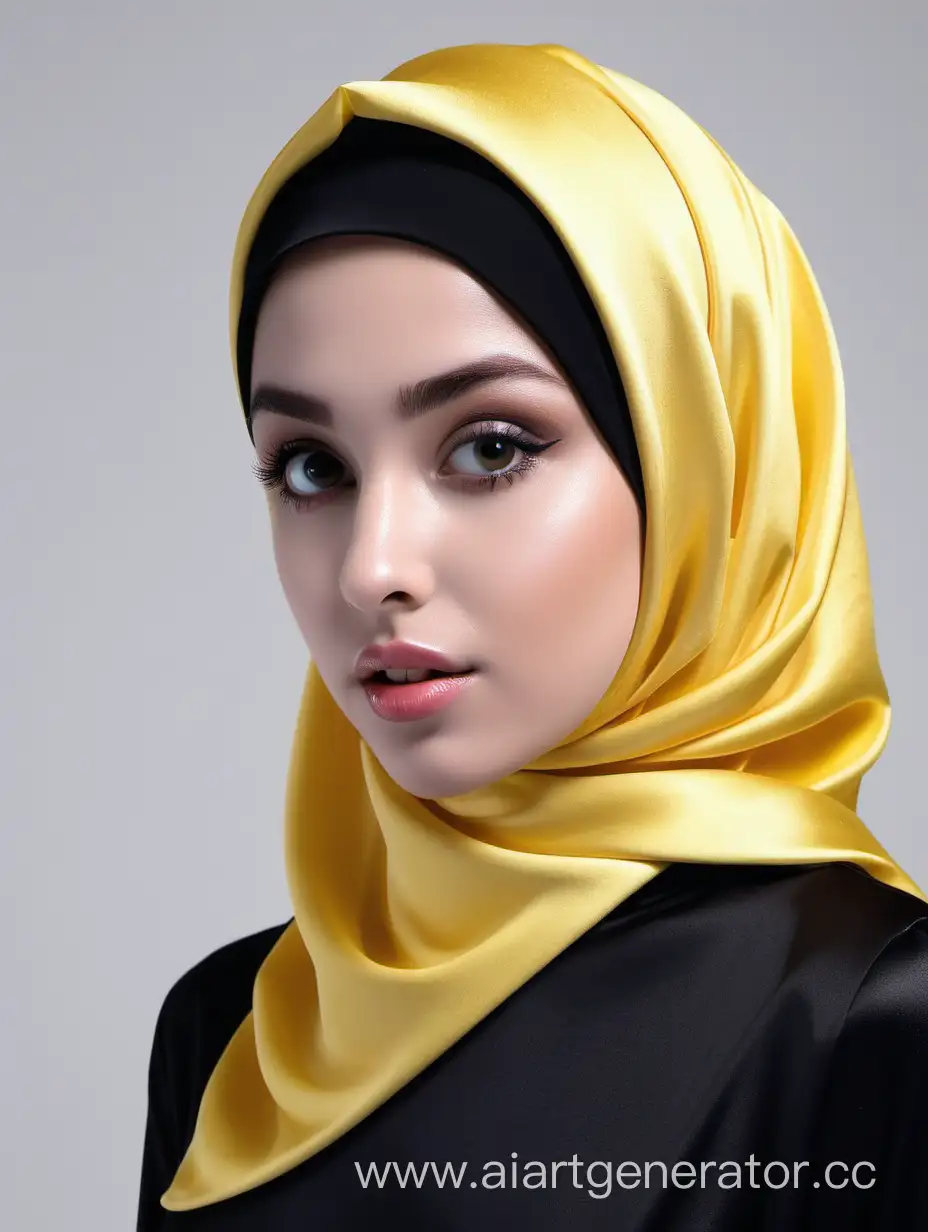 Девушка в атласном хиджабе черного цвета с желтого цвета