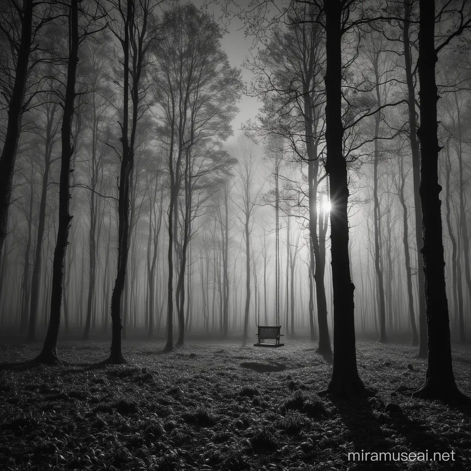 Nighttime Swing in Misty Forest Atmospheric Monochrome Photography