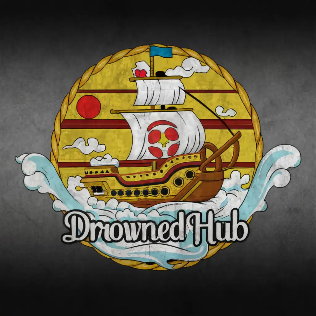 a logo design, with the text Drowned Hub, main symbol: A circular logo with the Thousand Sunny ship from One Piece in realistic detail, but without the One Piece text on the sails. Instead, replace it with the text Drowned Hub in a bold, black font that complements the ship's design. The ship sails on a vast ocean with rolling waves under a realistic sky with puffy white cumulus clouds and a deep blue gradient. Several realistic seagulls fly in the distance. The logo has a thick black outline and a transparent background.