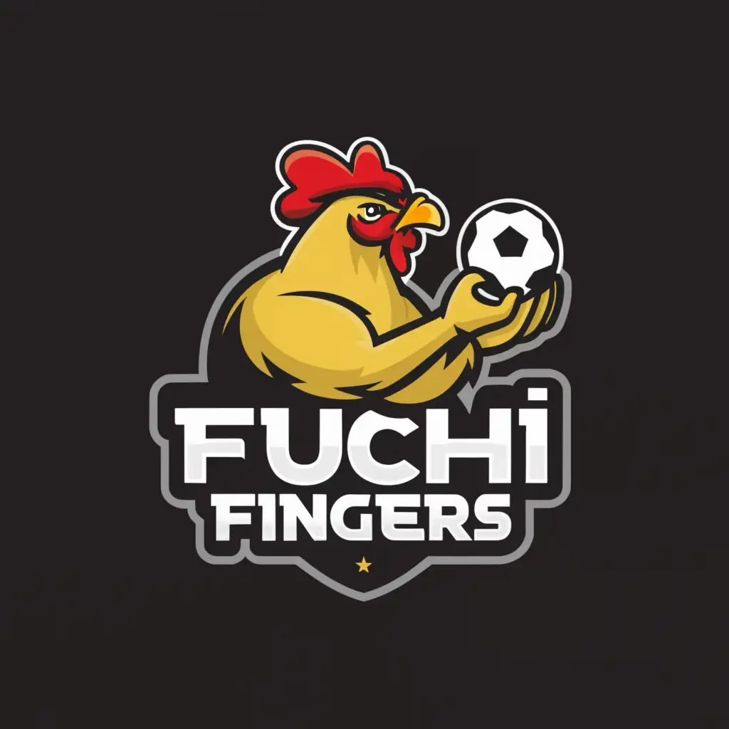 a logo design,with the text "Fuchi fingers", main symbol:A big and muscular chicken with a soccer ball,Minimalistic,be used in Restaurant industry,clear background
