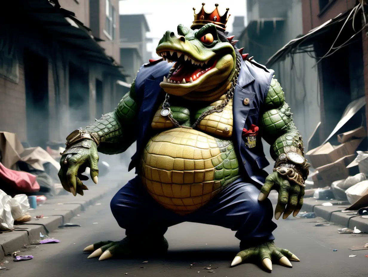 King K.Rool kremling crocogator but he's an insane mad crazy psycho homeless crackhead meth addict alcoholic in the slums. In the style of dark fantasy.