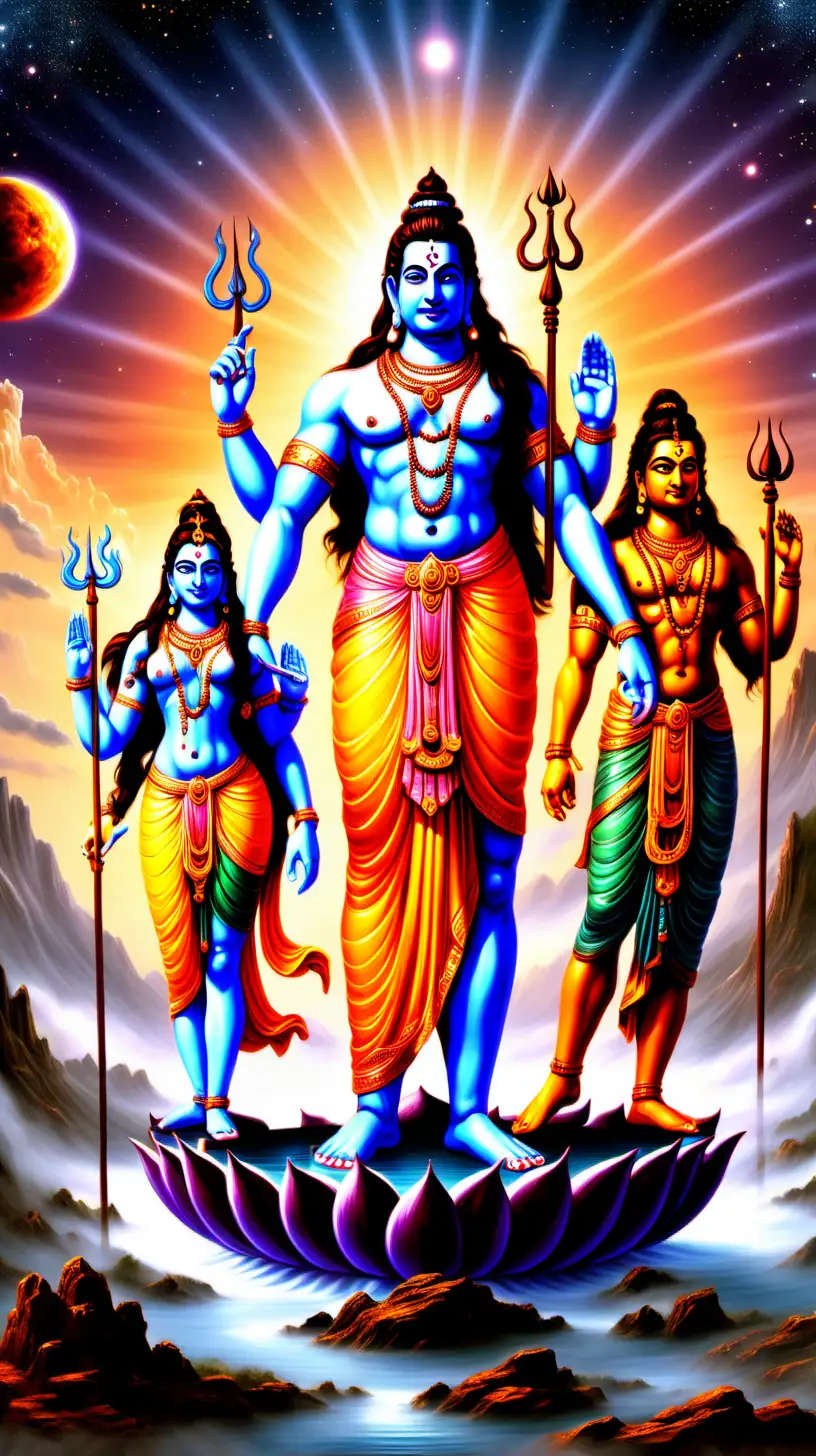 realistic hindu gods shiva brahma Vishnu holy cosmic sunrise
