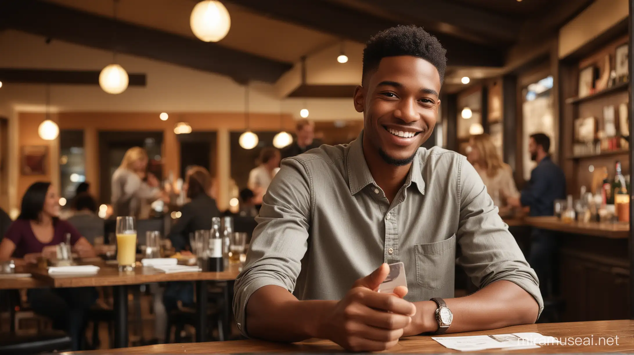 Happy African American Man Swipes Card at Restaurant with Joyful Convenience