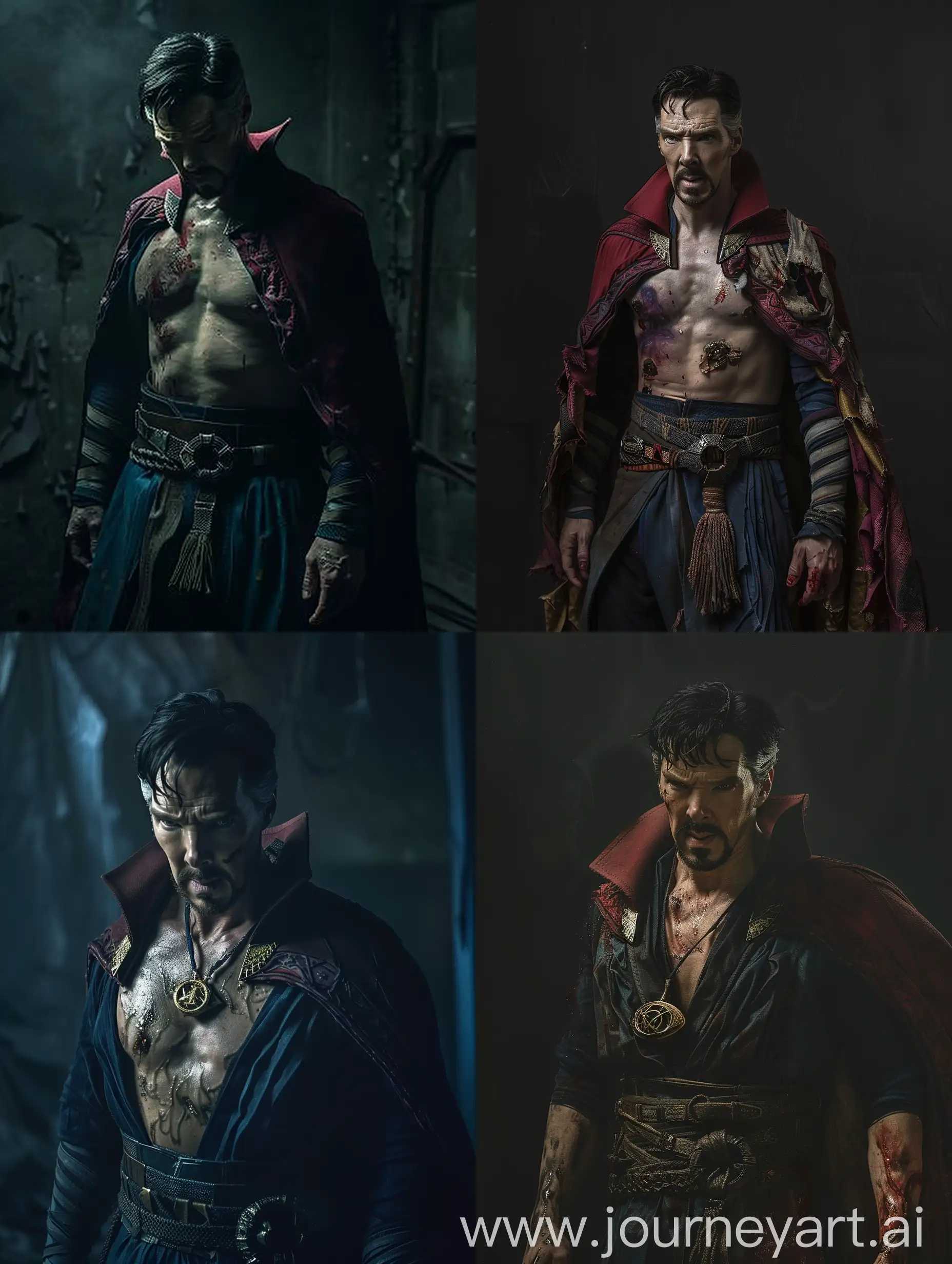Doctor Strange in ripped, torn, ragged outfit, shirtless, in a dark room.