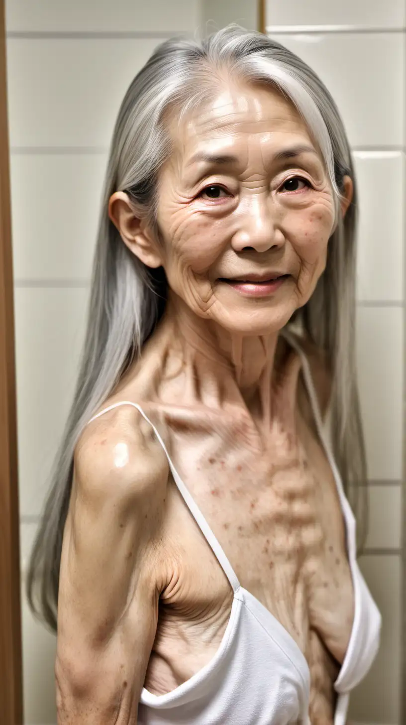 美熟女，80岁，日本人，花白长发，身高174cm，身材苗条，精致的五官，贫乳，乳头坚挺，面部皱纹，皮肤皱纹，乳房皱纹，皮肤雀斑，温柔的微笑，背景是浴室，侧拍