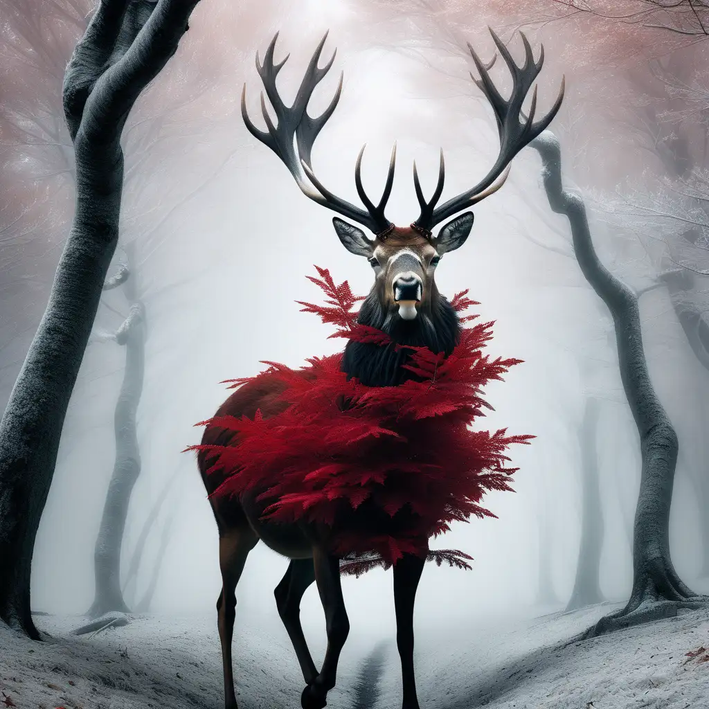 A red deer flies from the side among white trees , the red foliage of bushes , a black mantle flutters on itt, in the style of demonic photograph, post processing, silence, detailed costumes, monochromatic minimalist portraits, ghostly presence, traditional costumes, Magical, mystical award winning photograph, , digital 
 painting ::-0.3 Barbouillage, Shot on 17. 5mm, 85mm Lens, DSLR , F/ 22, ND - Filter, ultra quality, highly detailed,stile by Zdzisław Beksiński unreal engine, volumetric lighting, ominous, dramatic, horror background, octane render. ::1 , —ar 16:9