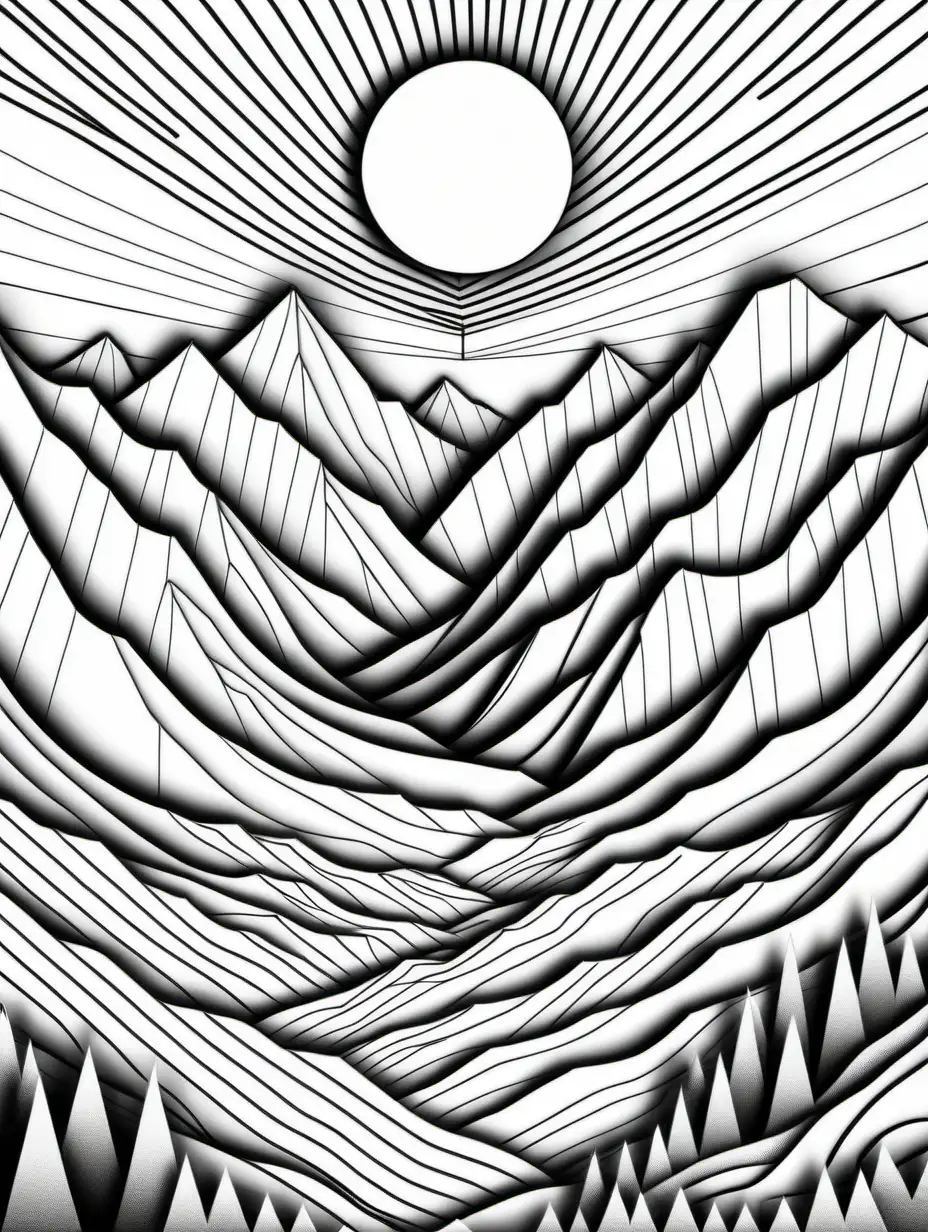 Create a colouring of stunning mountains and valleys ,beautiful vistas,with geometric figures ,black and white, in the style of abstract minimalism , colouring page 