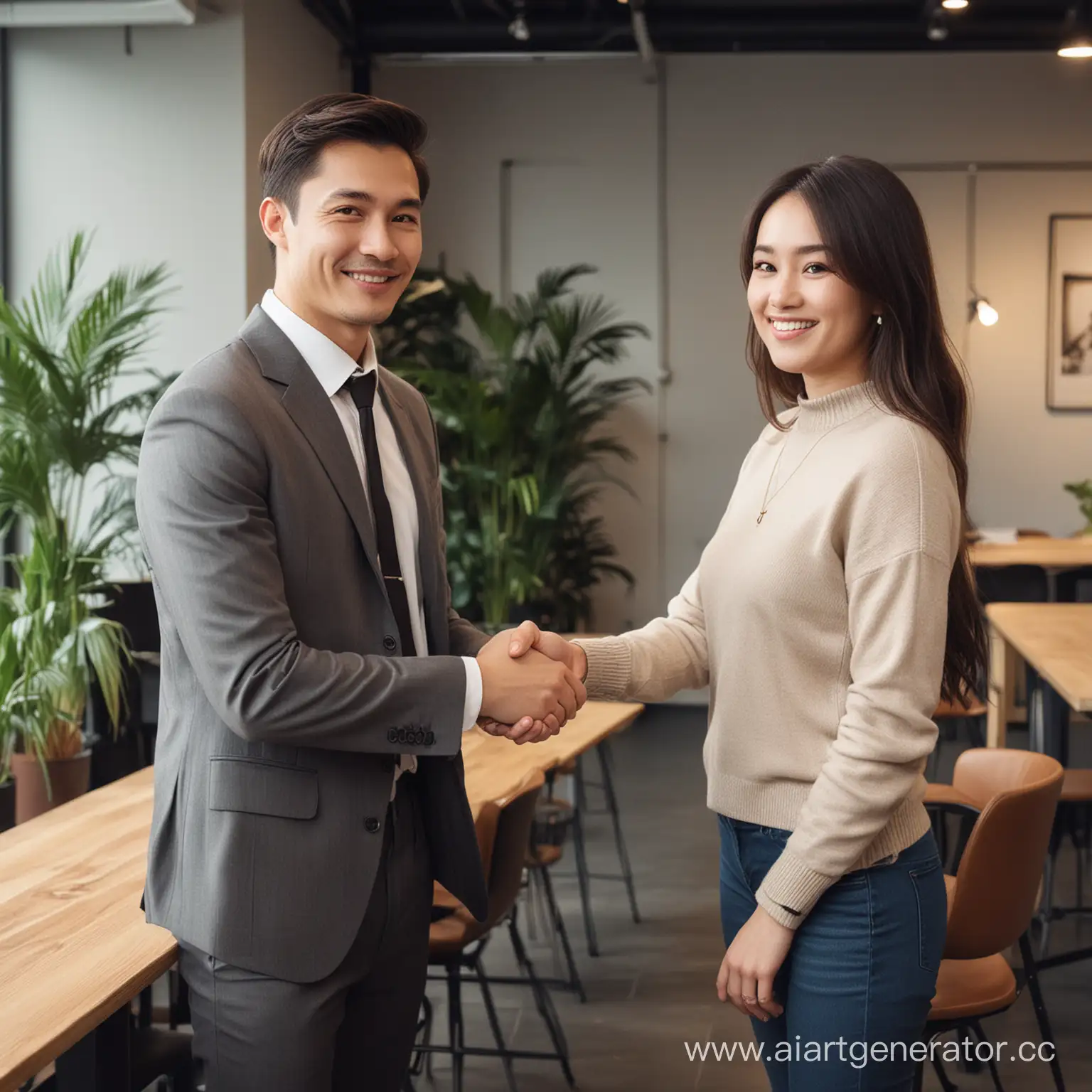 Create an image that captures a diverse, professional moment within a coworking office space. The scene includes four individuals engaged in a friendly handshake, their expressions warm and welcoming.

1. A man of Chinese descent, aged between 25 to 35, has an approachable smile. He dons casual business attire consisting of trousers paired with a sweater or something similar.

2. Next to him, a man of Russian descent, also in the 25 to 35 age range, reflects a similar casual business style. His handshake with the first man suggests a meeting of cultures and cooperation.

3. A woman of Chinese descent, within the same age bracket, stands alongside them. She also showcases a casual and stylish look suitable for an office environment, mirroring the ease and approachability of her companions.

4. Completing the group is a woman of Russian descent, aged 25 to 35, her attire complementary to the others', exuding a relaxed yet professional demeanor.

These individuals are located inside a modern coworking space. The environment bears office-like features with a touch of informality characteristic of contemporary workspaces. Around them is a blend of desks, ergonomic chairs, and decorative indoor plants, providing a collaborative atmosphere where ideas thrive.

They all wear poised smiles that speak of successful collaboration and the joy of partnership in a multicultural setting. Their body language and expressions exude confidence and mutual respect, capturing the very essence of a coworking synergy.