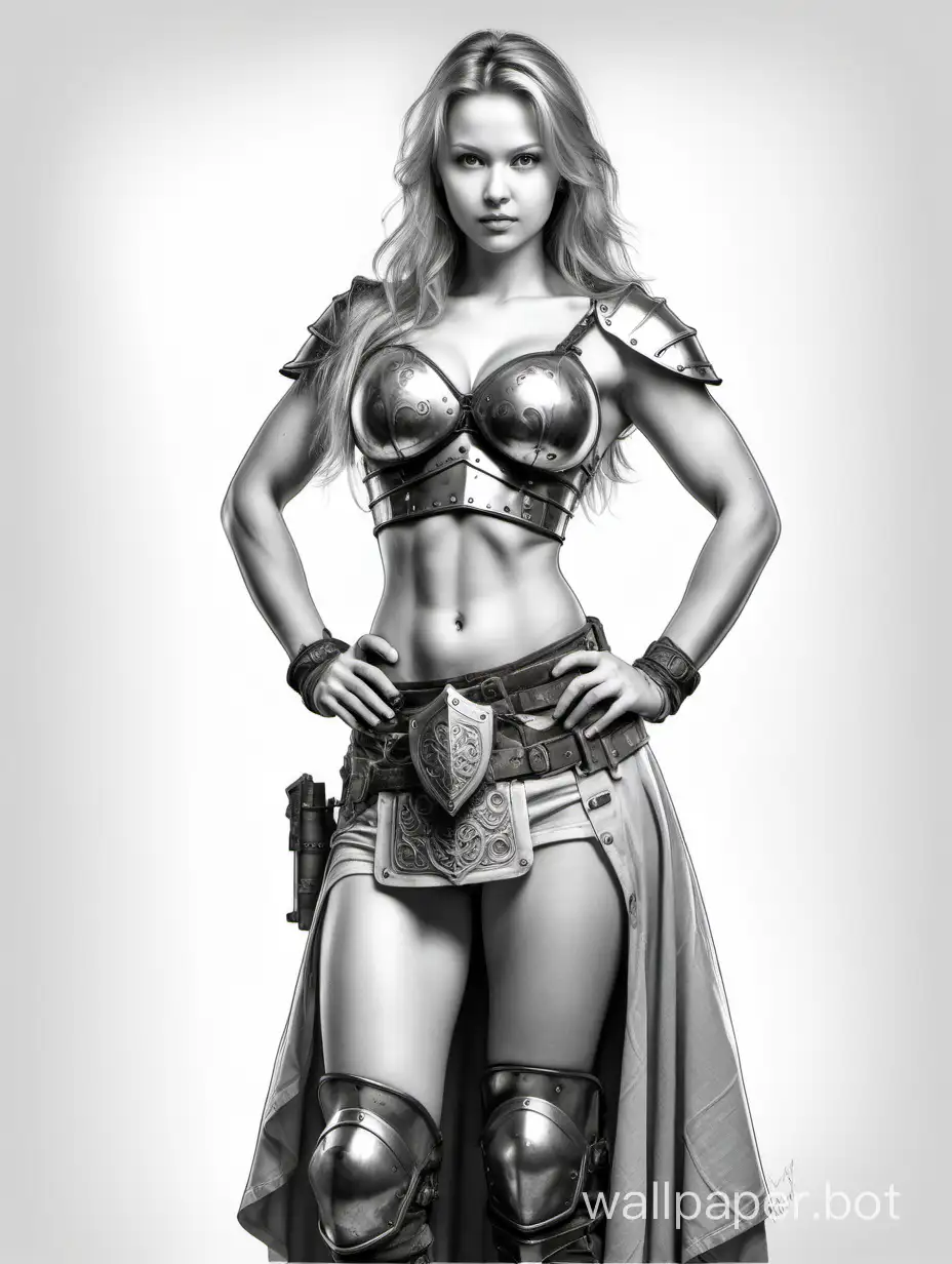 Svetlana Khodchenkova, a Russian mechanic shooter girl, light hair, big chest size 4, narrow waist, wide hips, antique armor with metallic decorations, bare belly, skirt with metallic overlays, black and white sketch, white background