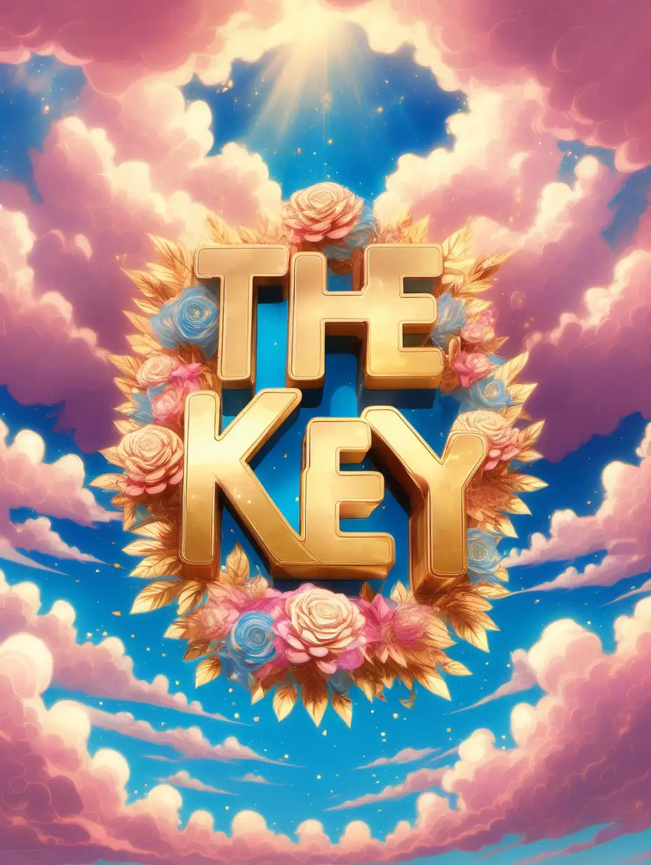 the name "KEY" spelled correctly in vibrant gold  letters surrounded by blue pink and gold clouds and flowers 