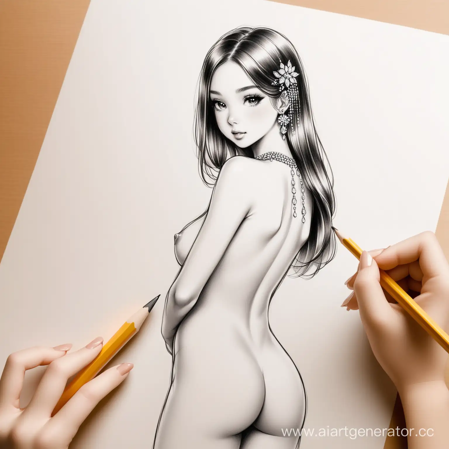 Draw a picture with a pencil. naked girl with precious jewelry