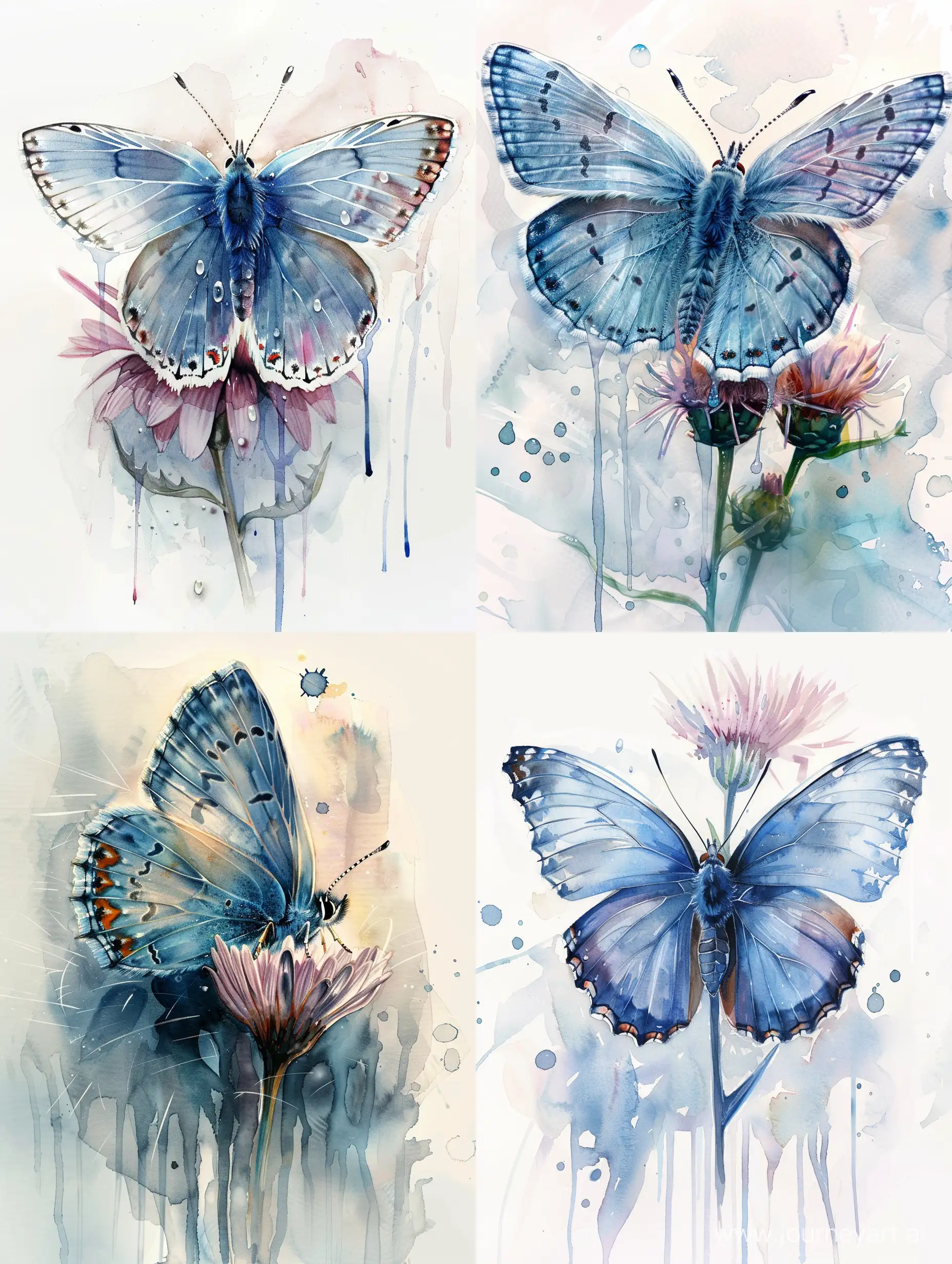 бабочка, слегка мокрая акварель, красивая , в сине голубых тонах, сидит на цветке, капли росы, в стиле акварель, подтеки акварельной краски, высокое разрешение