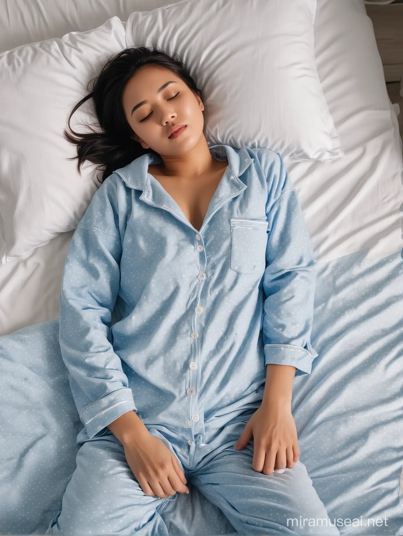 A 21yo Philippines woman is lying on its back on a white bed. Wearing blue pajamas. Closing eyes. Huge breasts. Fullbody.