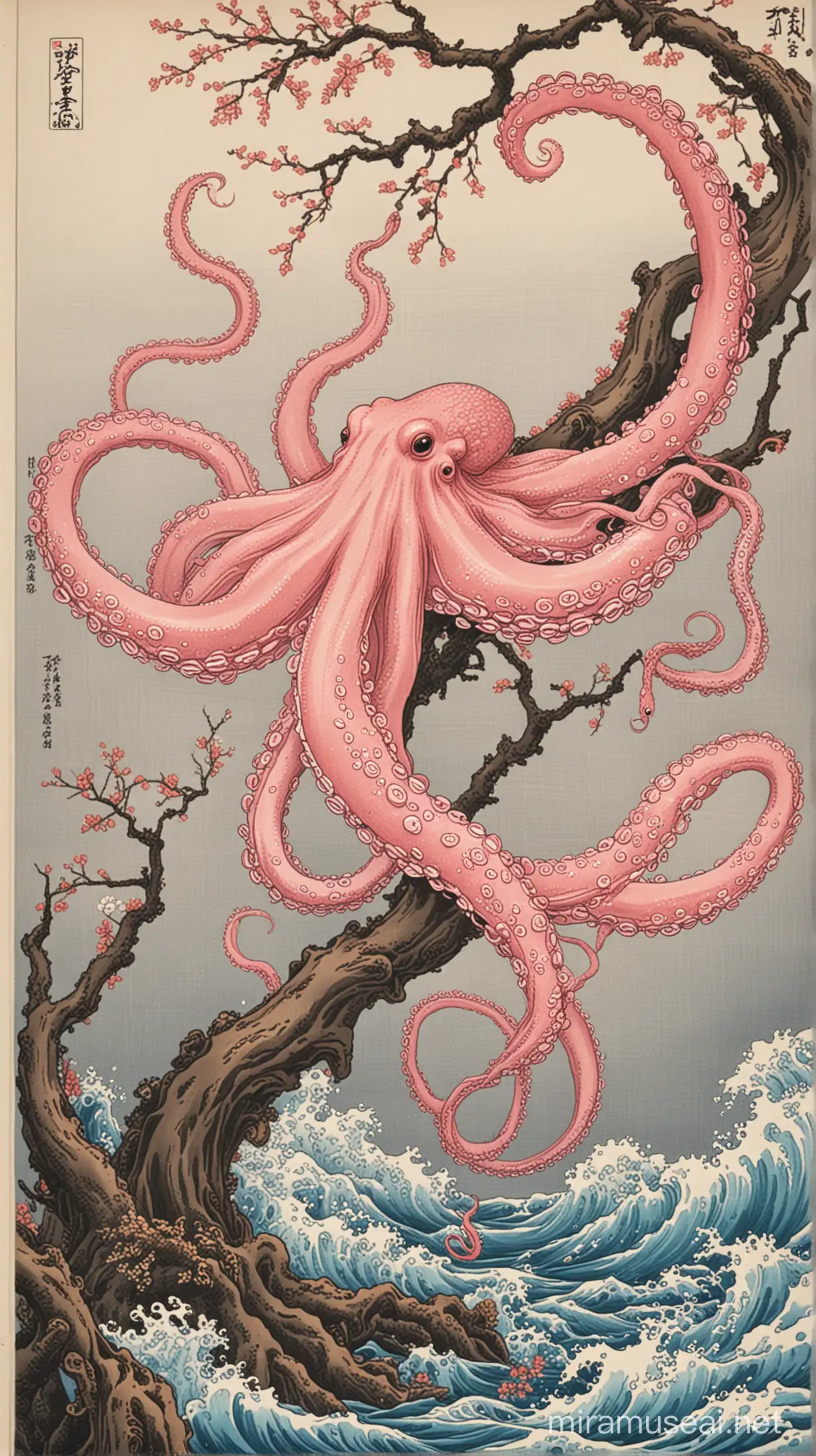 A pink octopus has its hands out of the water. A snake is hanging from a tree branch at the top of the page. Hokusai style