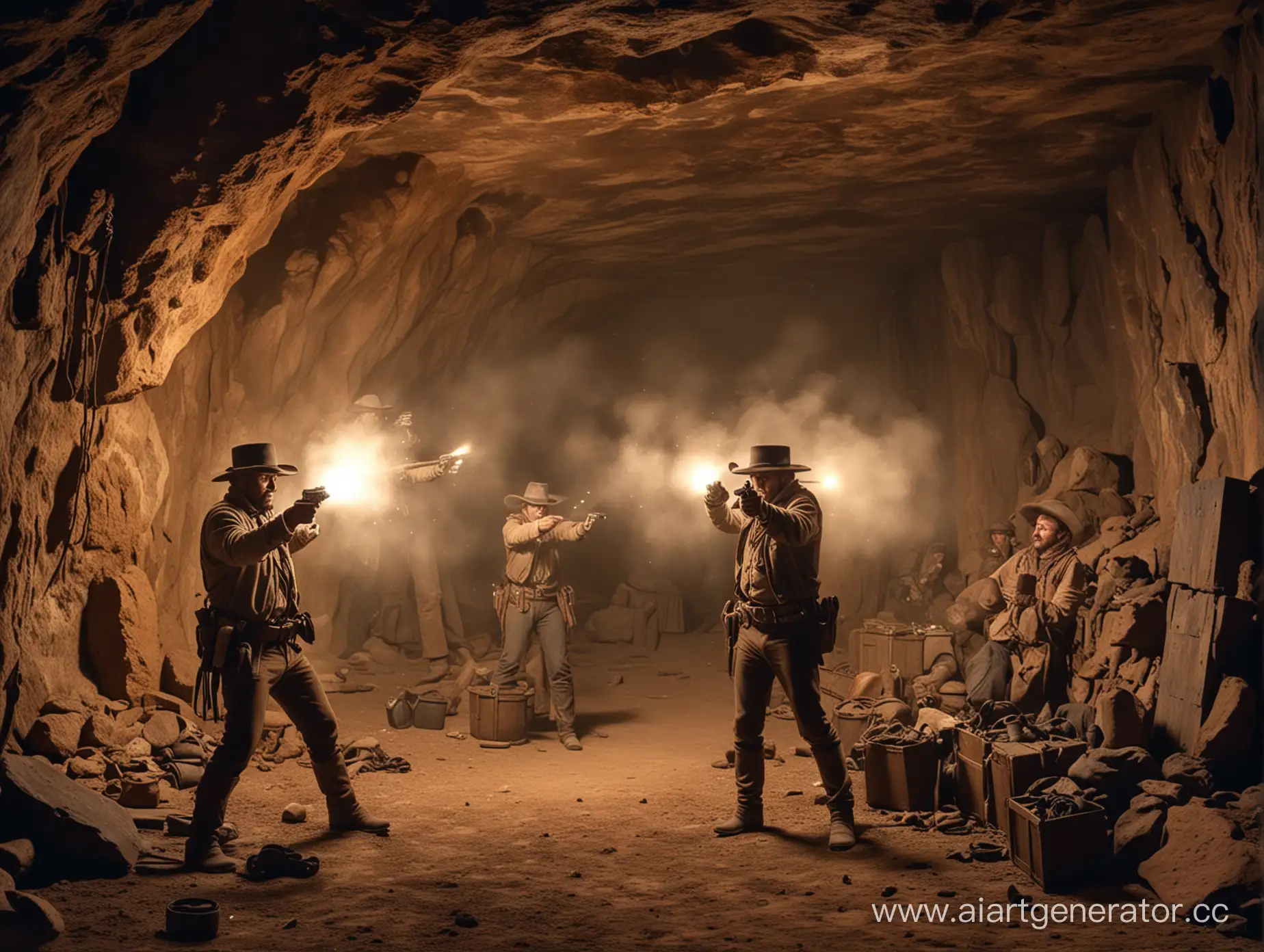 Бандиты стреляют из револьверов в шахтёрской тёмной пещере под землёй времён дикого запада 