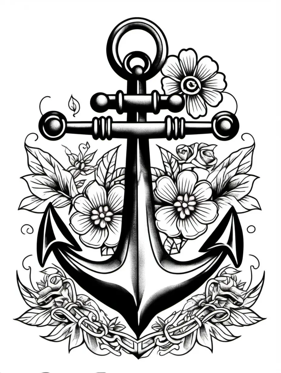 Vintage Anchor and Flower Tattoo TShirt Print on White Background