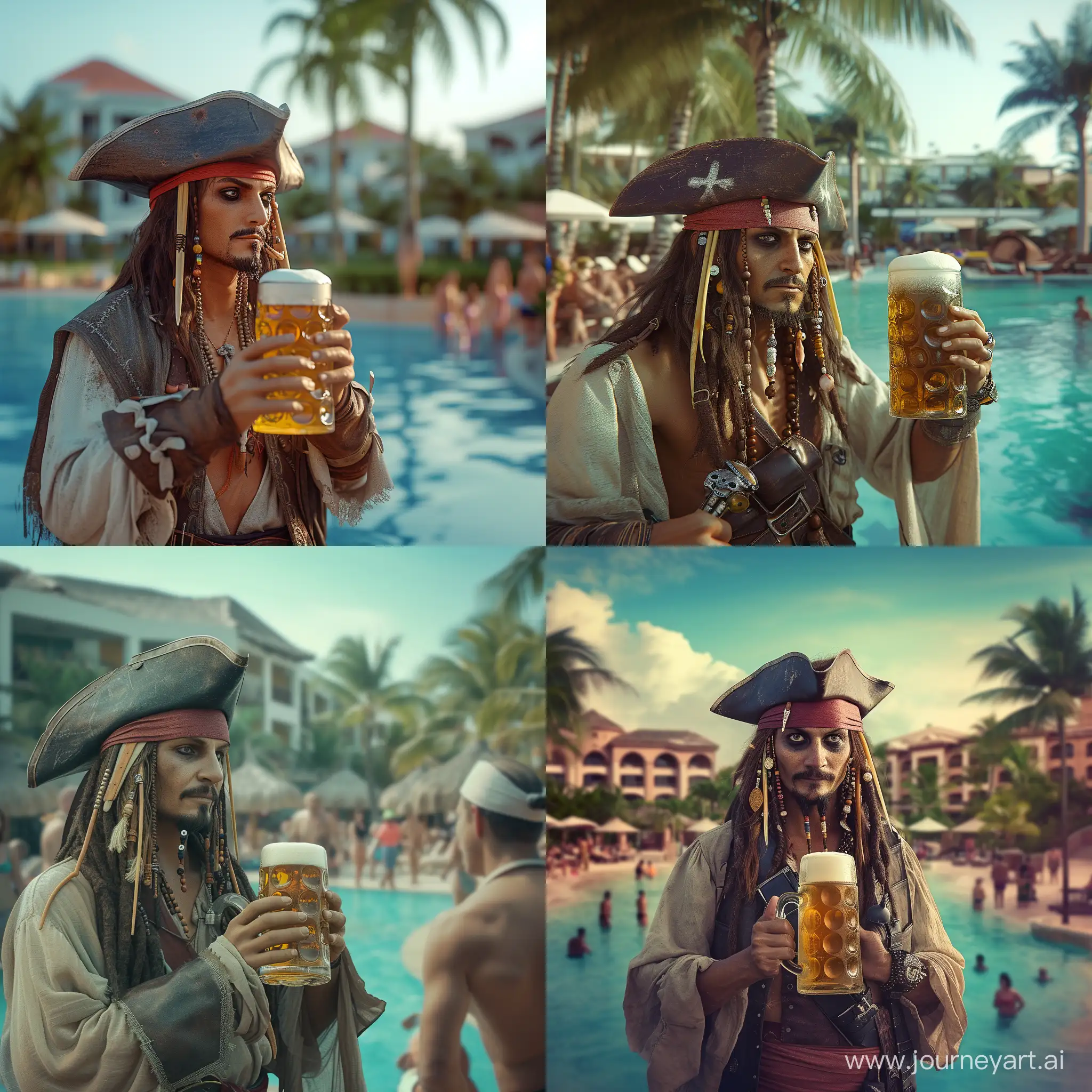 a realistic cinematic  design of pirate of the Caribbean style drinking beer  has tourist in an all inclusive hotel in punta cana, in the Dominican republic