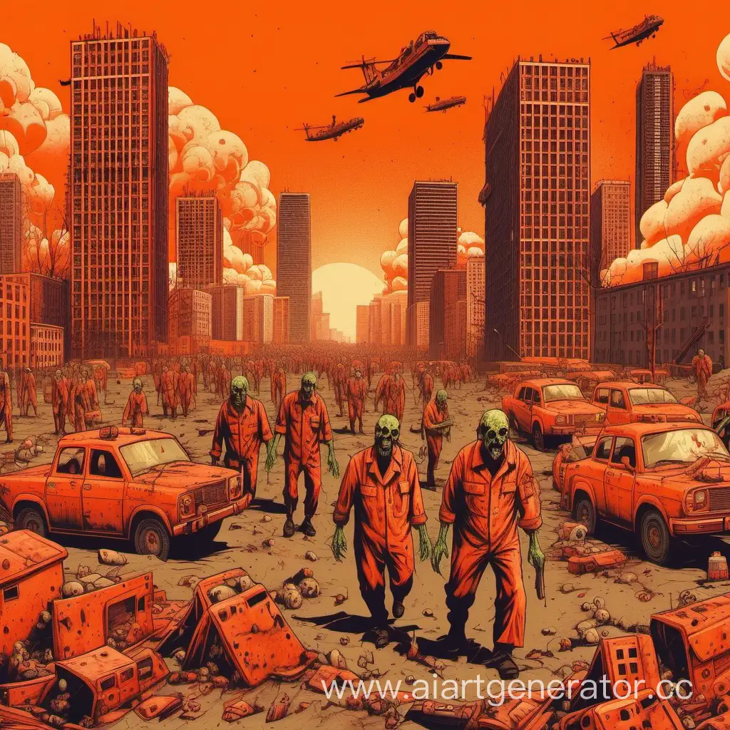 зомби апокалипсис в СССР, оранжевый фон, высотки и заводы
