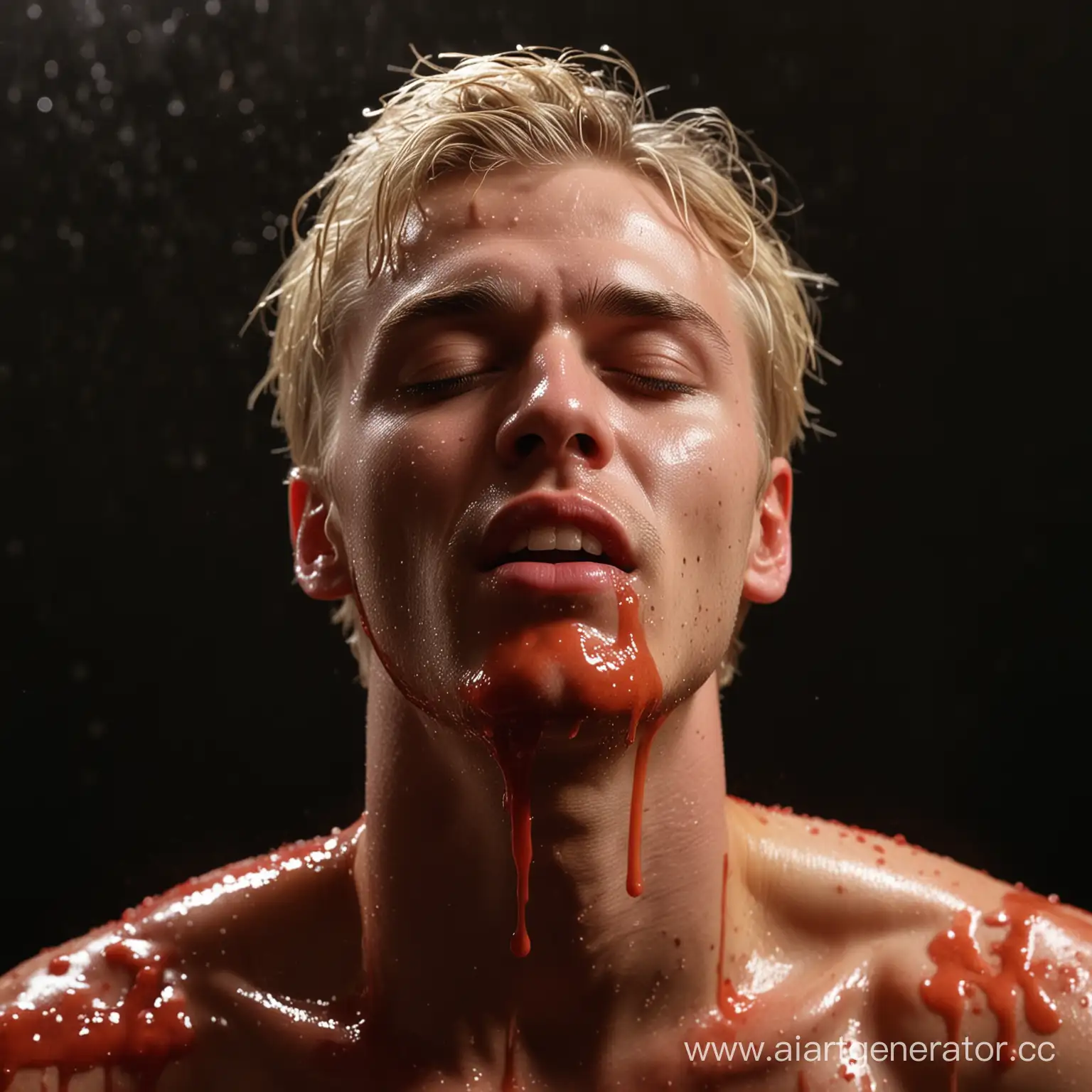 Blonde-Man-Covered-in-Red-Liquid-Looking-at-Camera-in-Dark-Background