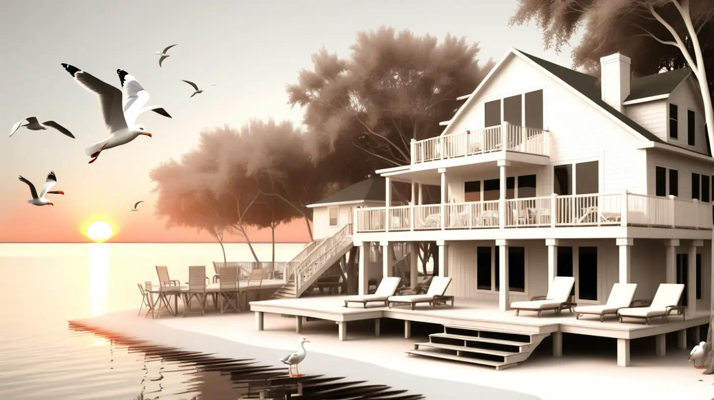 A white washed lakehouse with a wrap around deck, trees, beach chairs, seagulls, Suring a sunset
