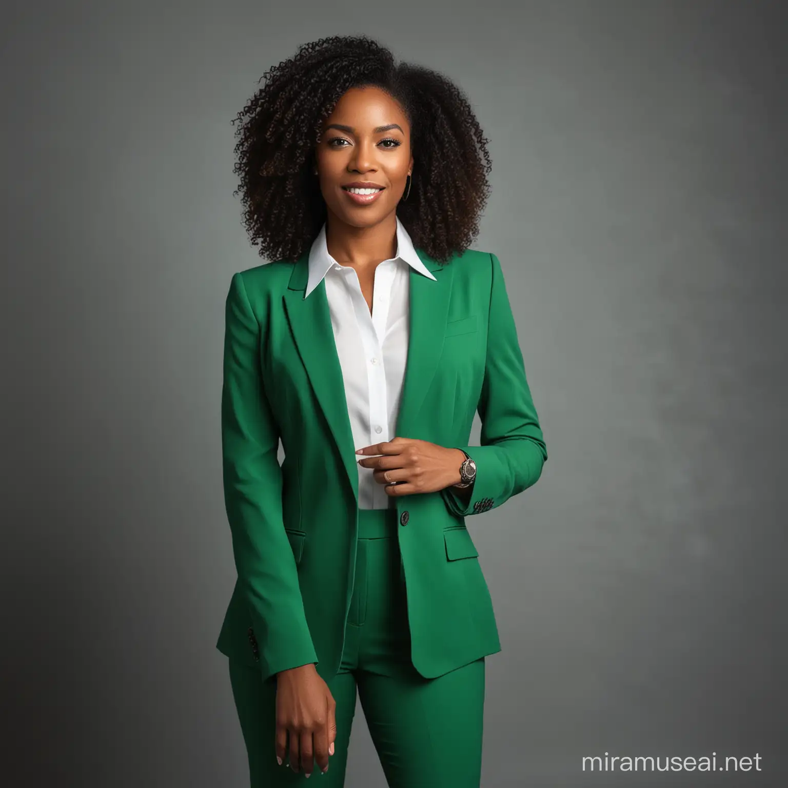 Confident Black Professional Woman in Green and White Attire