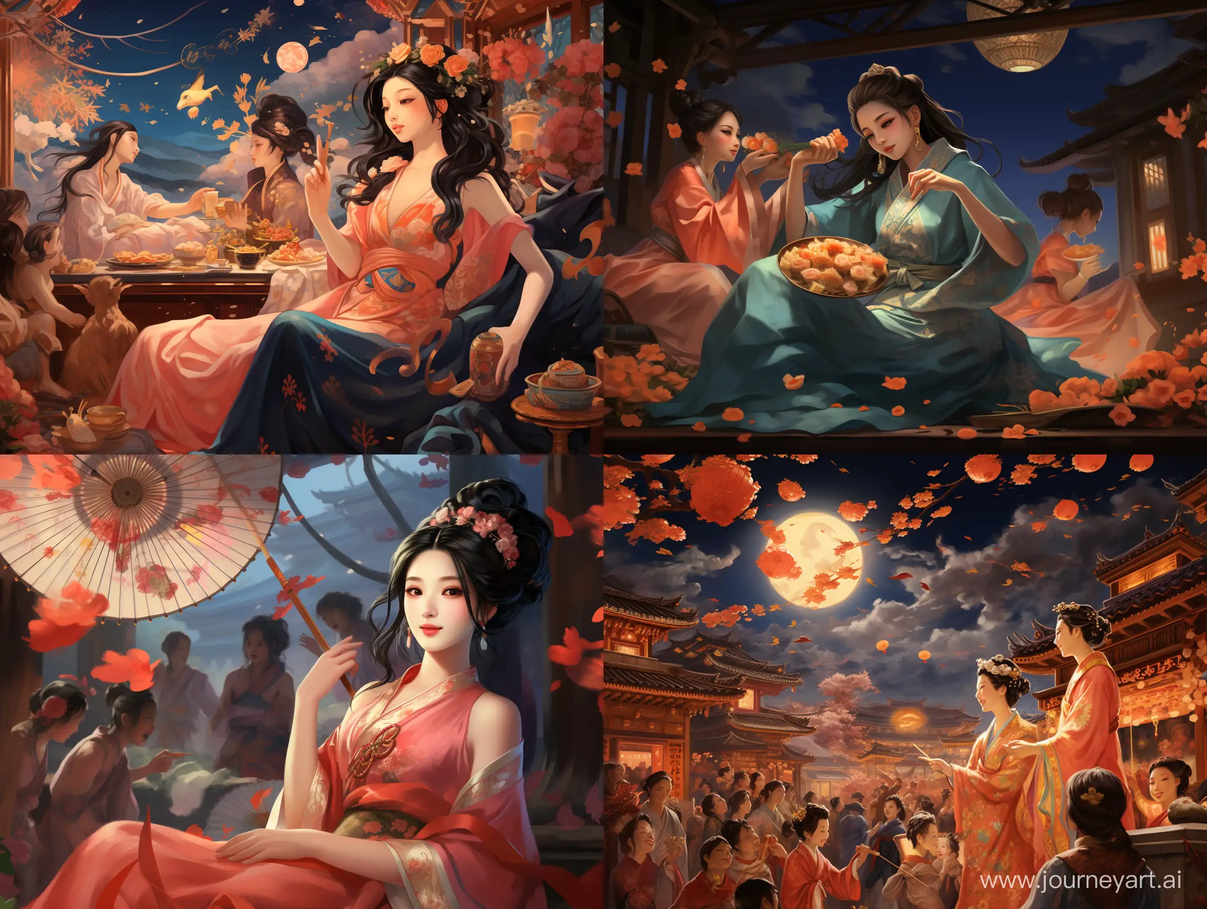 Enchanting-Nighttime-Chinese-Spring-Festival-Celebration-with-Moonlit-Beauties