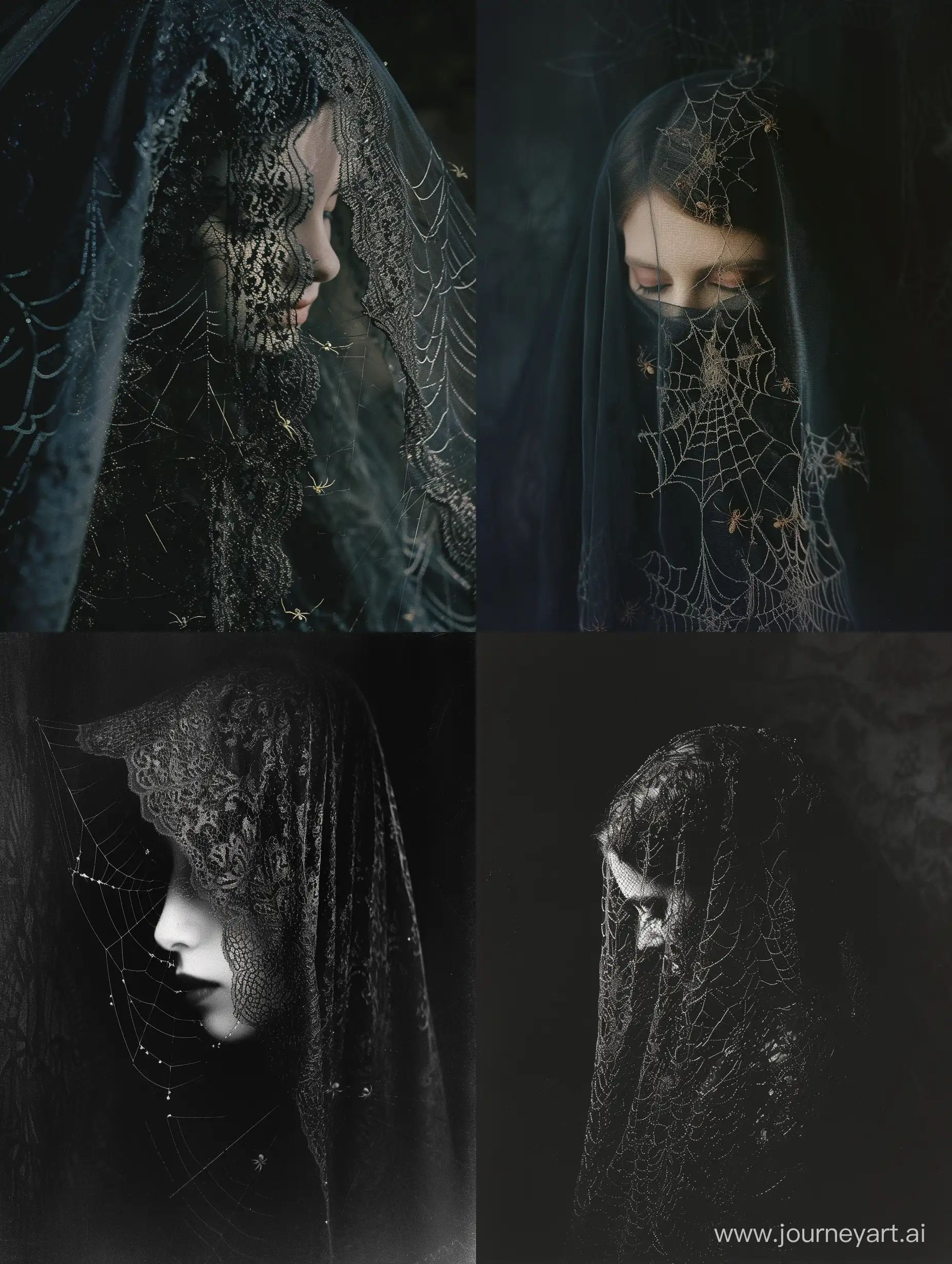 A saturated photo of a bewitching woman shrouded in darkness, her face concealed by a delicate lace veil. The veil, saturated with an eerie aura, becomes a haunting canvas for spiders that crawl and weave their intricate webs. The expired film saturates the image, intensifying the dark aesthetics and lending an air of mystery to the scene. Against the backdrop of a pitch-black abyss, the woman stands as a mesmerizing embodiment of folk horror and occult core. Secret keywords: "Enigmatic Veil," "Arachnid Elegance," "Shadowed Intrigue." Pagan horror, occult core, dark aesthetic, taken on Provia