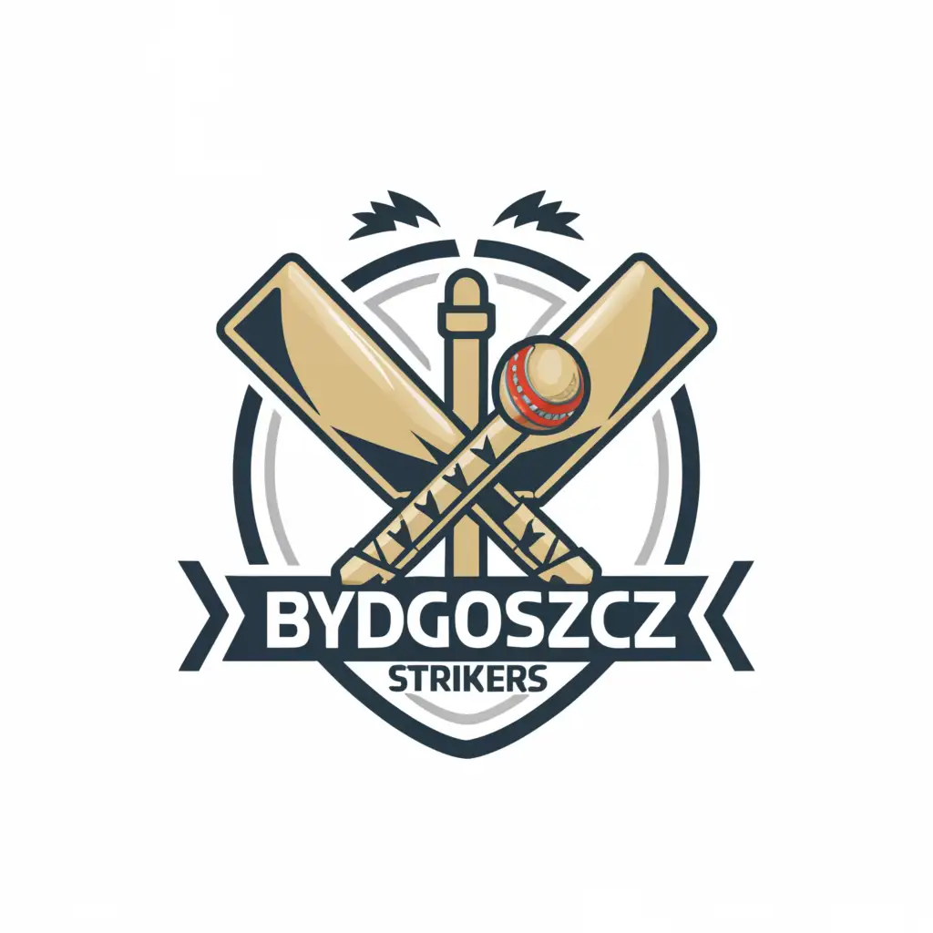 a logo design, with the text 'Bydgoszcz Strikers', main symbol: Cricket bat, cricket ball, cricket wicket, Minimalistic, to be used in Sports Fitness industry, clear background